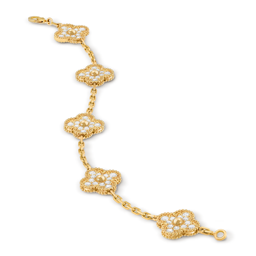 Vintage Alhambra bracelet, 5 motifs, yellow gold, round diamonds