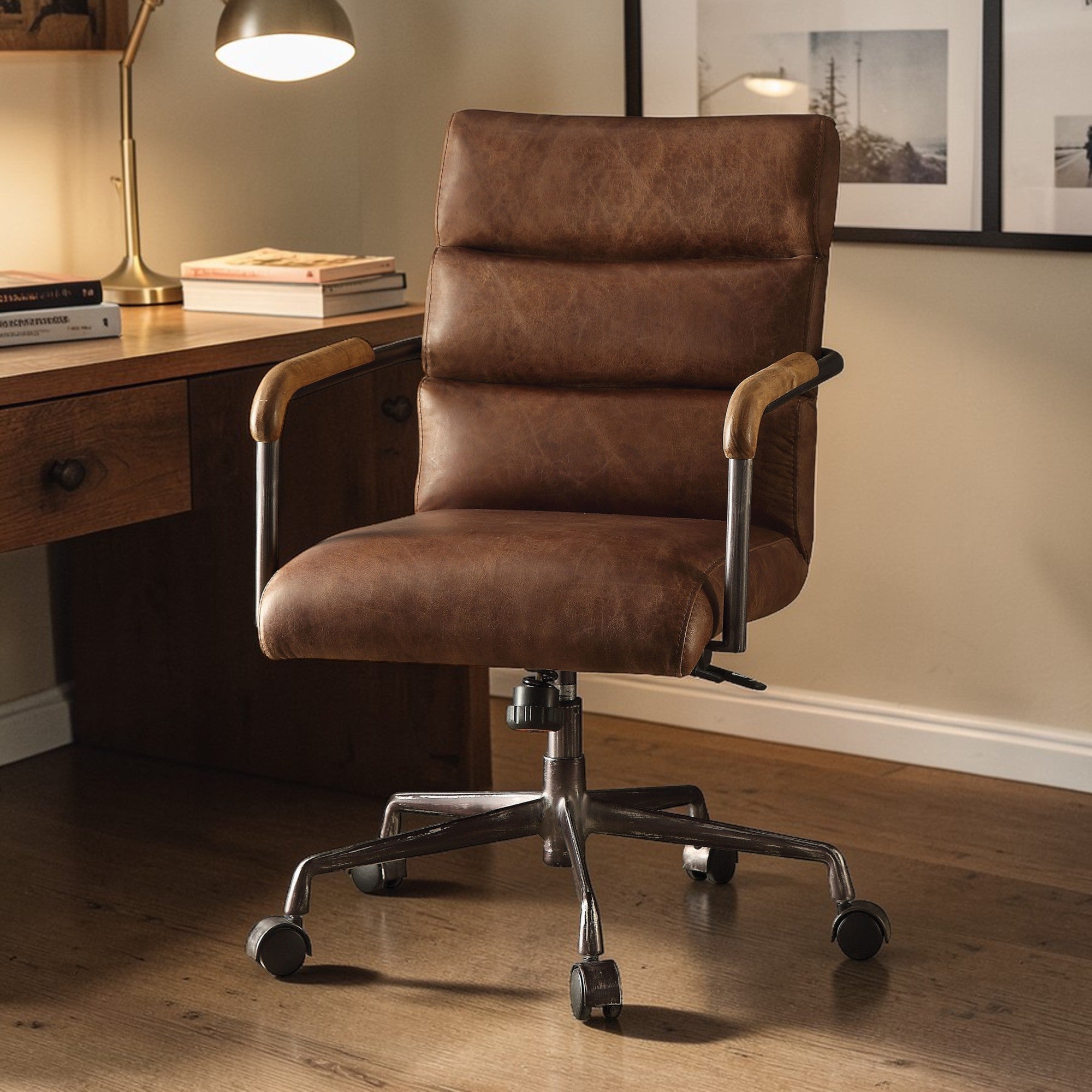 Retro Top Grain Leather Office Chair with Adjustable Height
