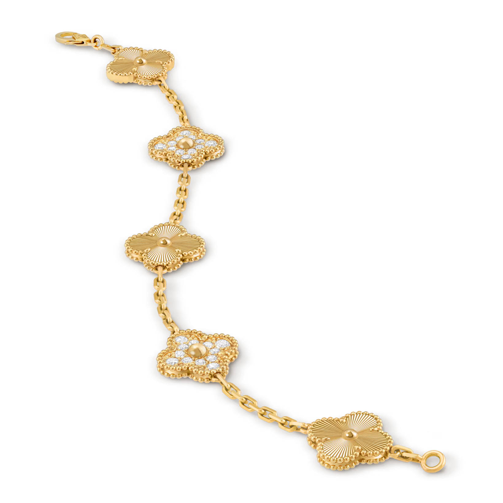 Vintage Alhambra bracelet, 5 motifs, guilloché, round diamonds