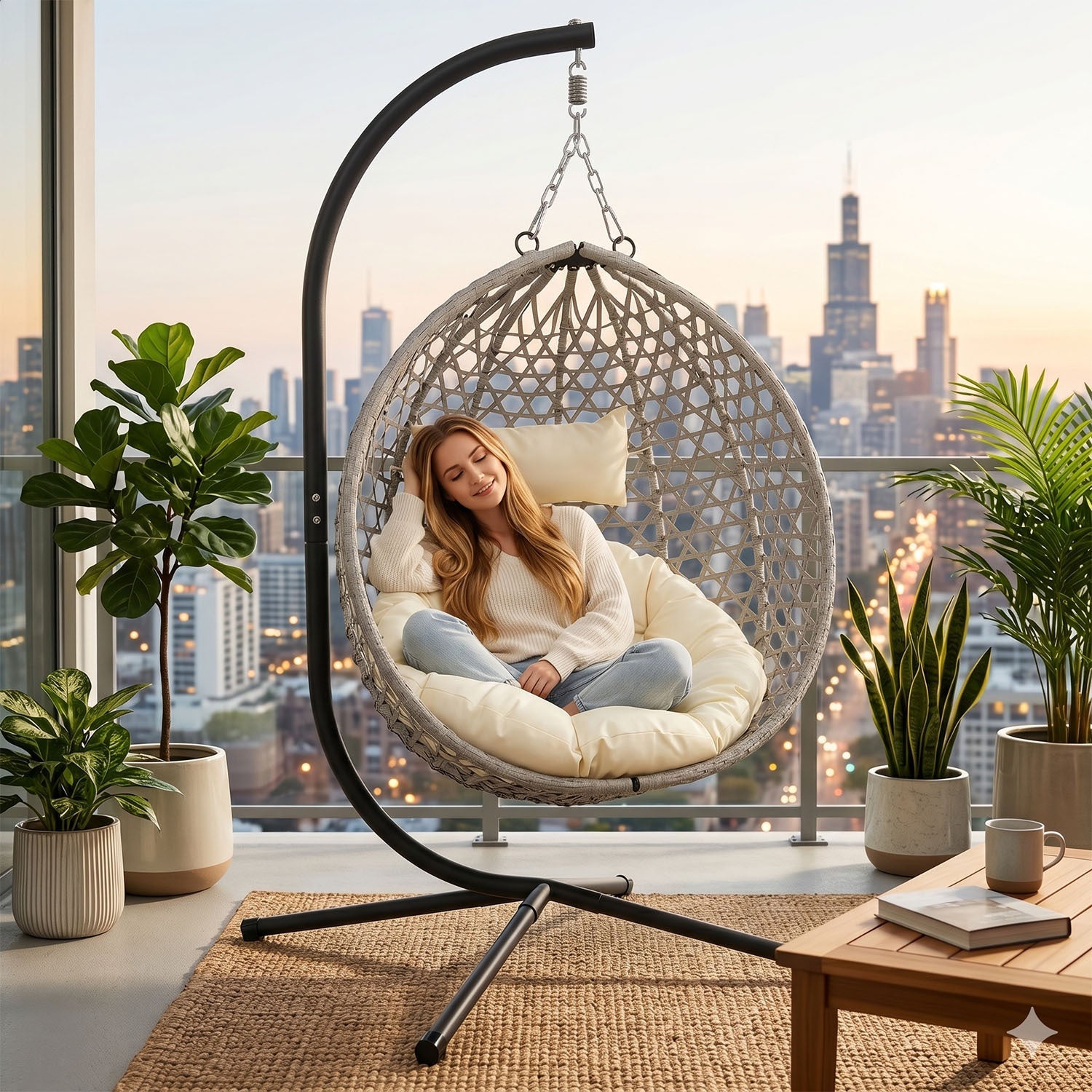 Folding PE Rattan Hanging Egg Chair with Aluminum Steel Frame