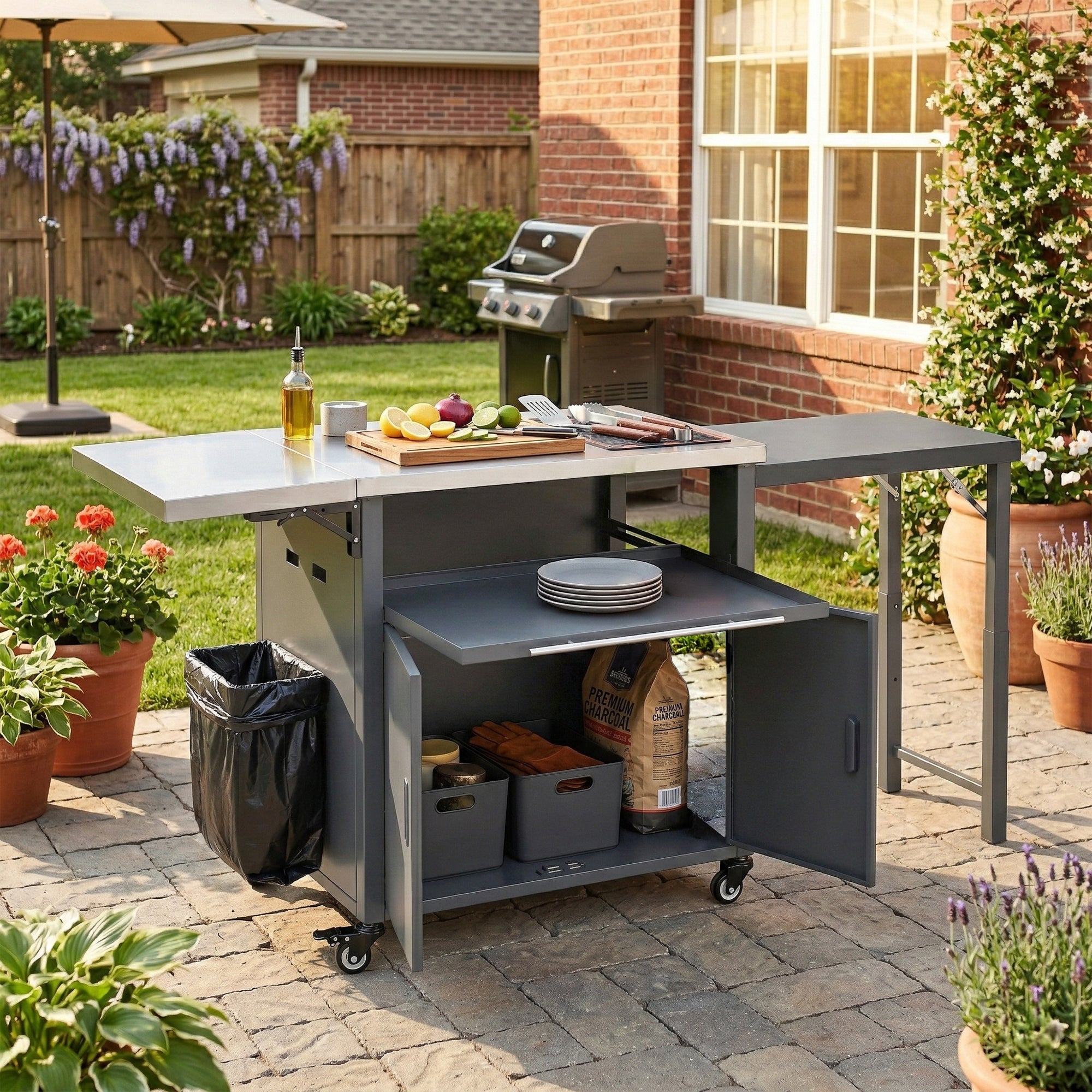 Foldable BBQ cart with storage, portable for backyard & patio cooking