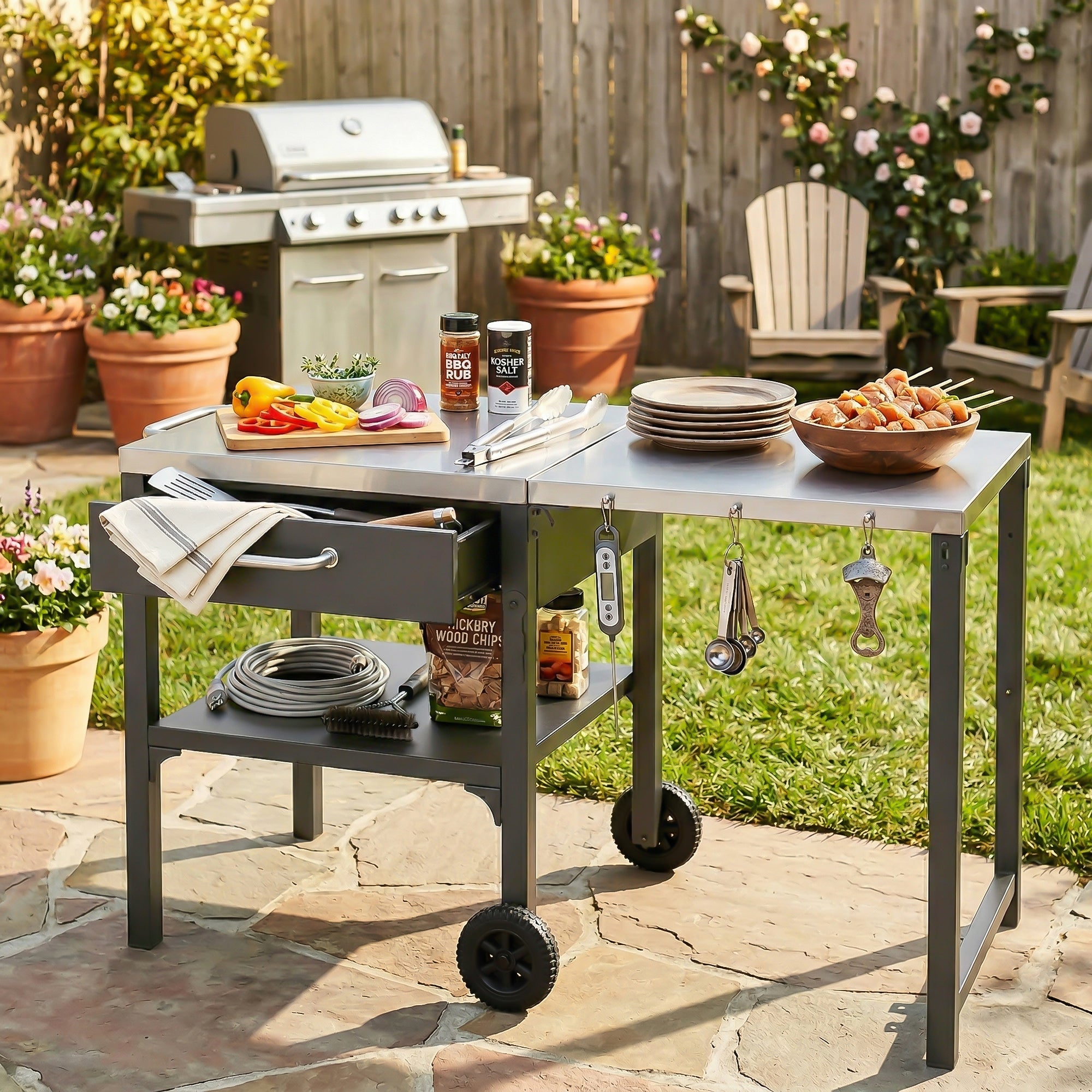 Foldable BBQ cart with storage, portable for backyard & patio cooking