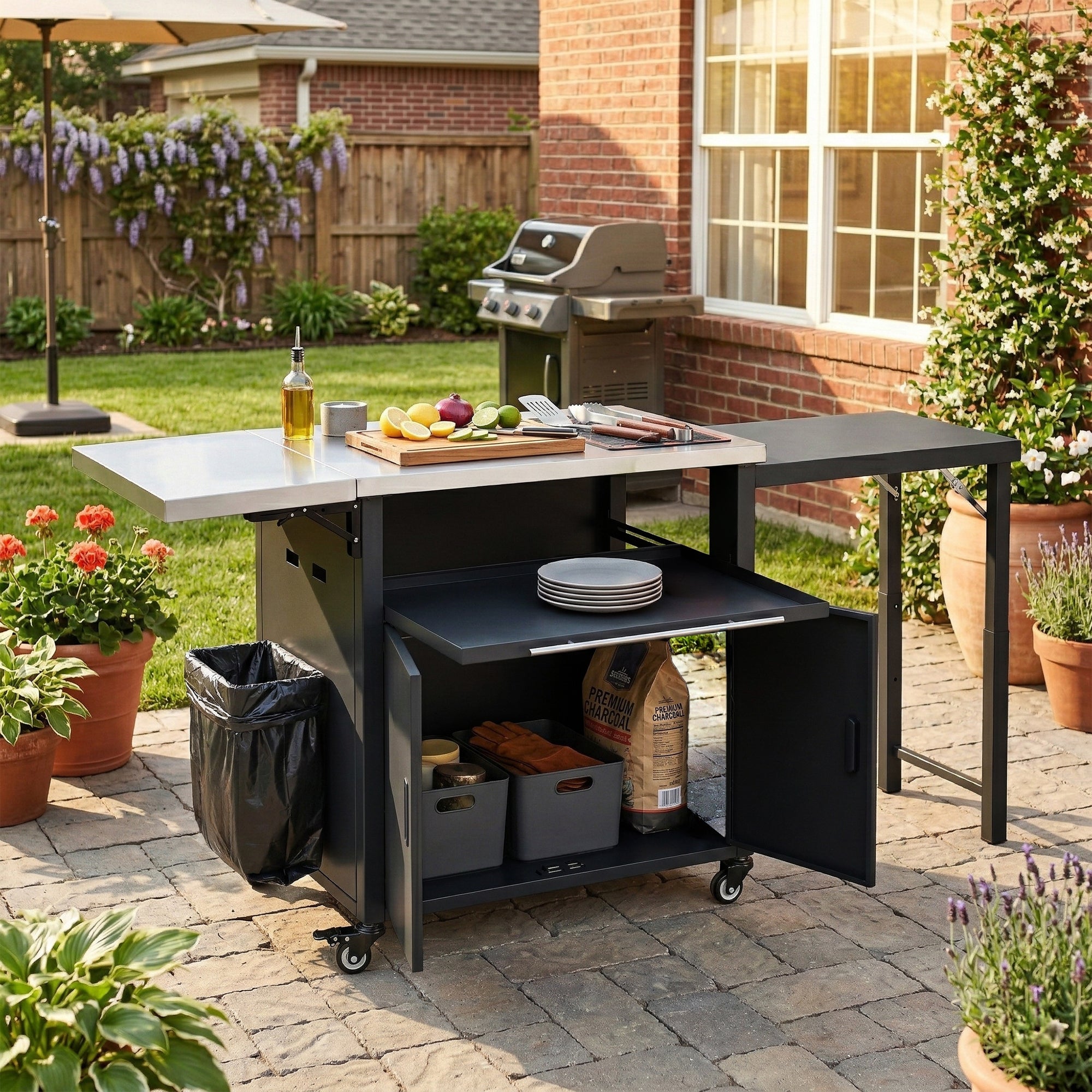 Foldable BBQ cart with storage, portable for backyard & patio cooking
