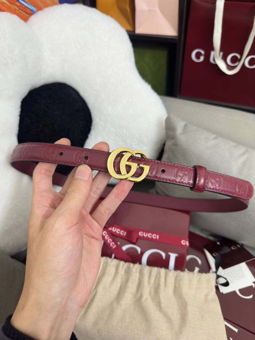 GG-Embossed Leather Belt — 2.0 cm Slim Flat GG Buckle