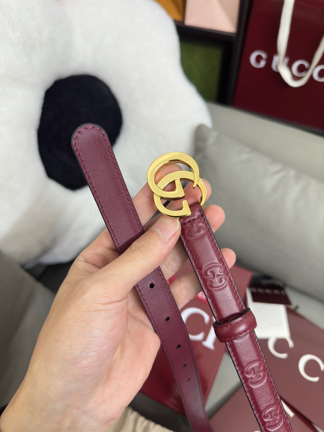 GG-Embossed Leather Belt — 2.0 cm Slim Flat GG Buckle