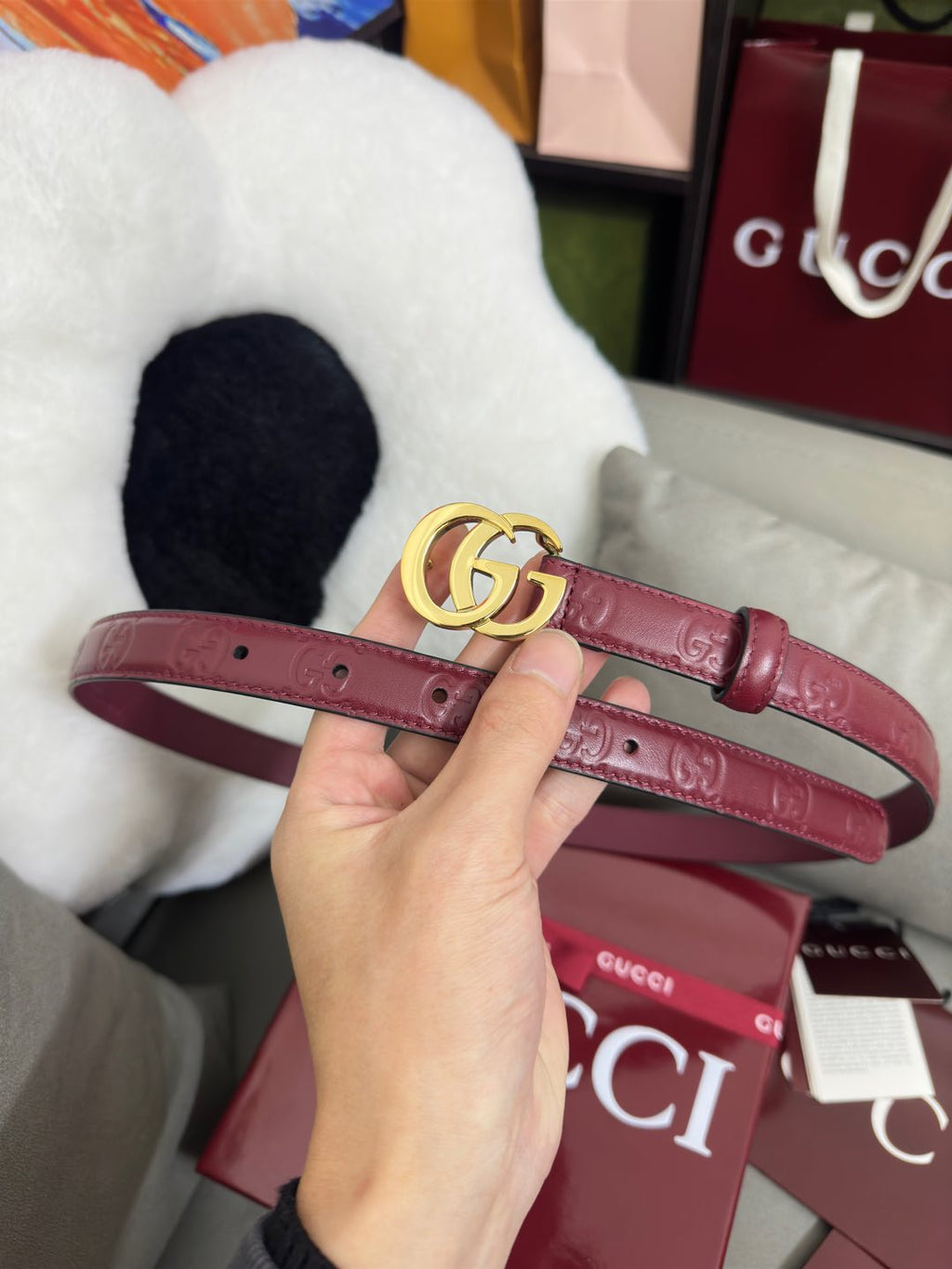 GG-Embossed Leather Belt — 2.0 cm Slim Flat GG Buckle