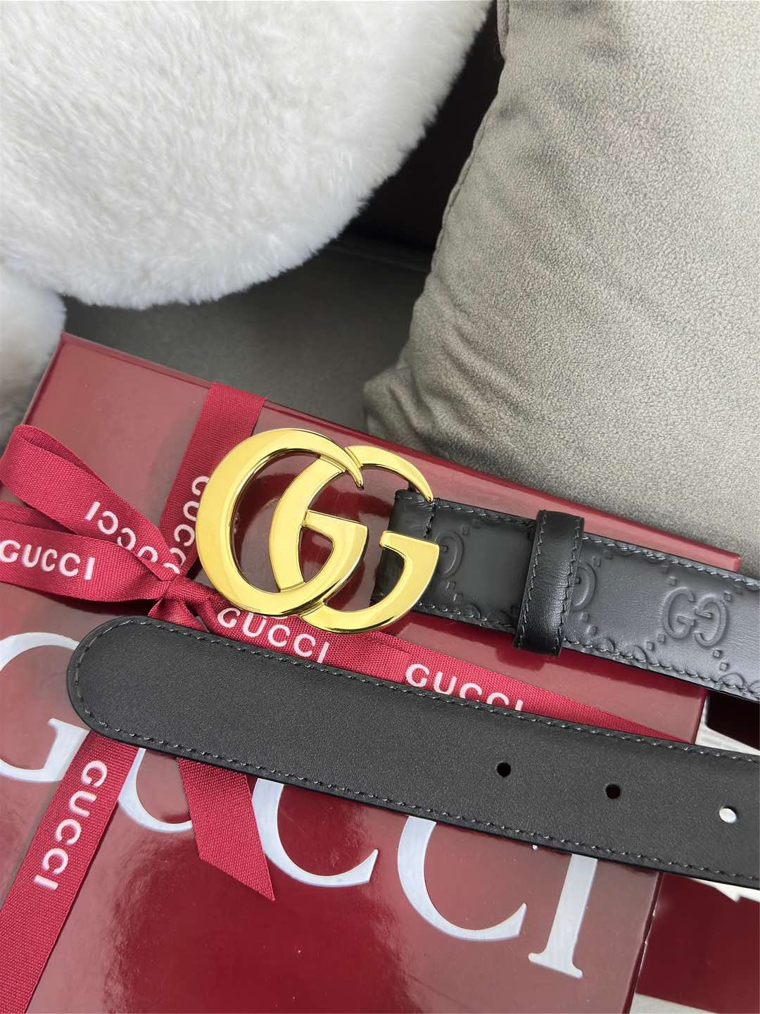 Black GG-Embossed Leather Belt — 3.0 cm Flat GG Buckle