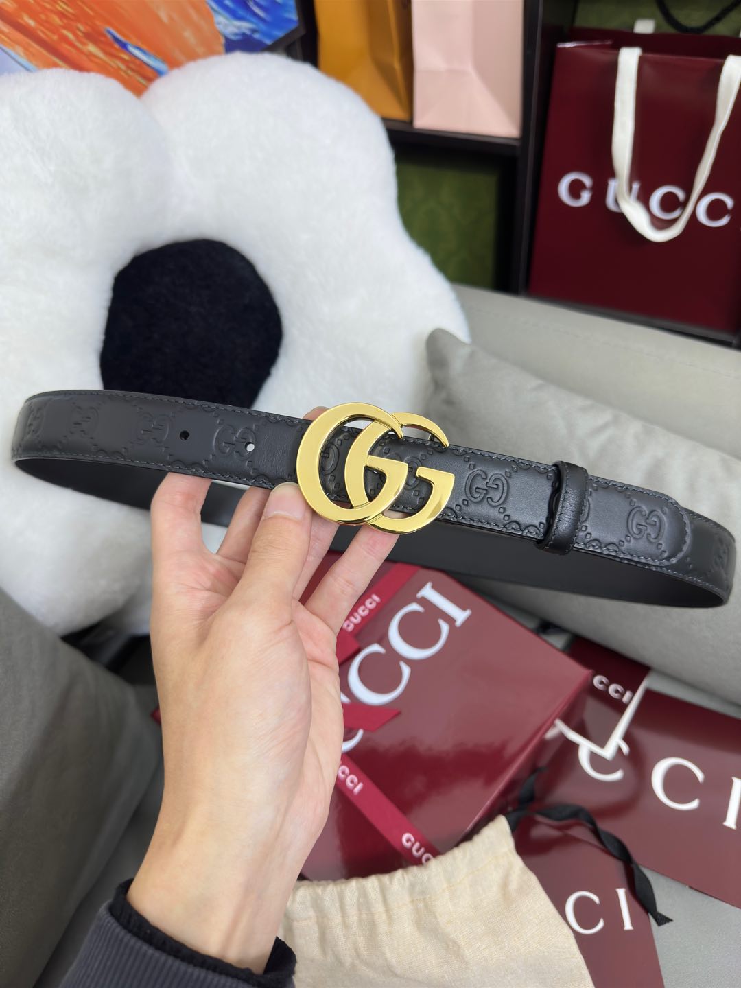 Black GG-Embossed Leather Belt — 3.0 cm Flat GG Buckle