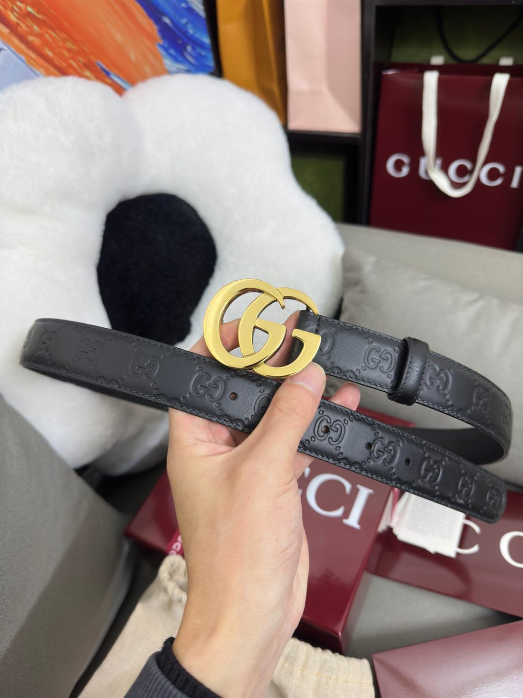 Black GG-Embossed Leather Belt — 3.0 cm Flat GG Buckle
