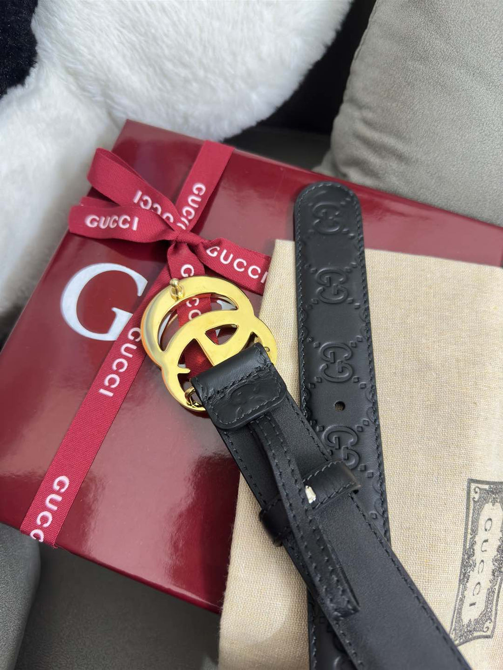 Black GG-Embossed Leather Belt — 3.0 cm Flat GG Buckle