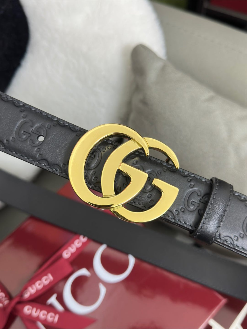Black GG-Embossed Leather Belt — 3.0 cm Flat GG Buckle