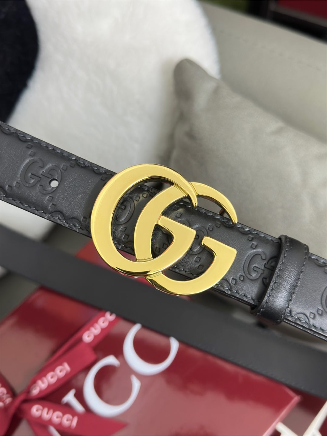Black GG-Embossed Leather Belt — 3.0 cm Flat GG Buckle