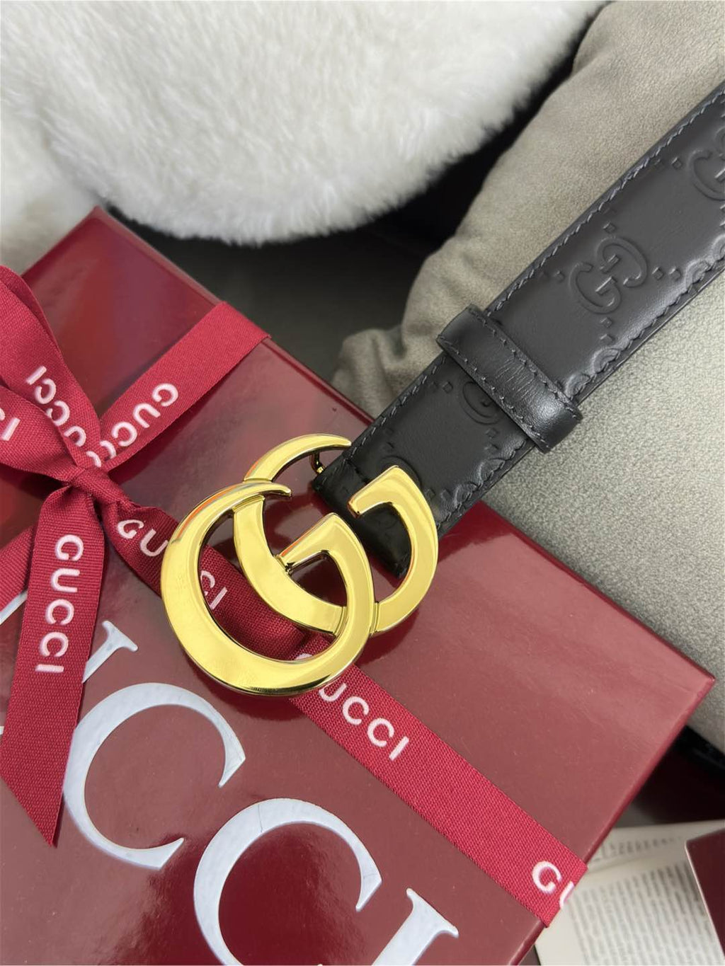 Black GG-Embossed Leather Belt — 3.0 cm Flat GG Buckle