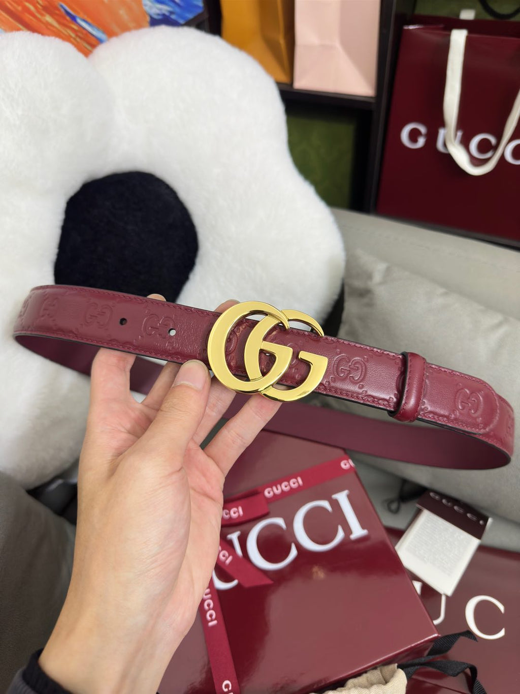 Sage Green GG-Embossed Leather Belt — 3.0 cm Flat GG Buckle