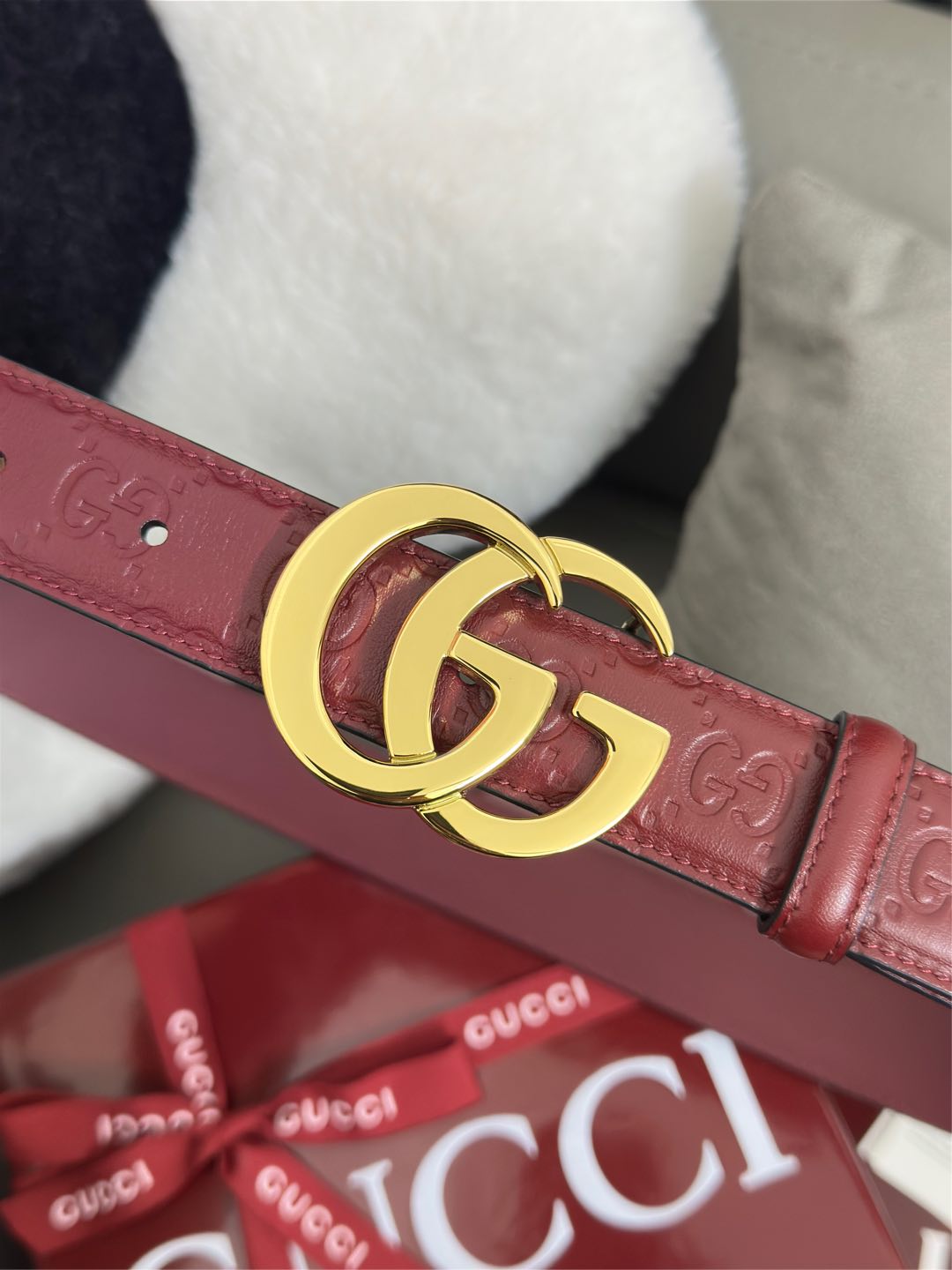 Sage Green GG-Embossed Leather Belt — 3.0 cm Flat GG Buckle