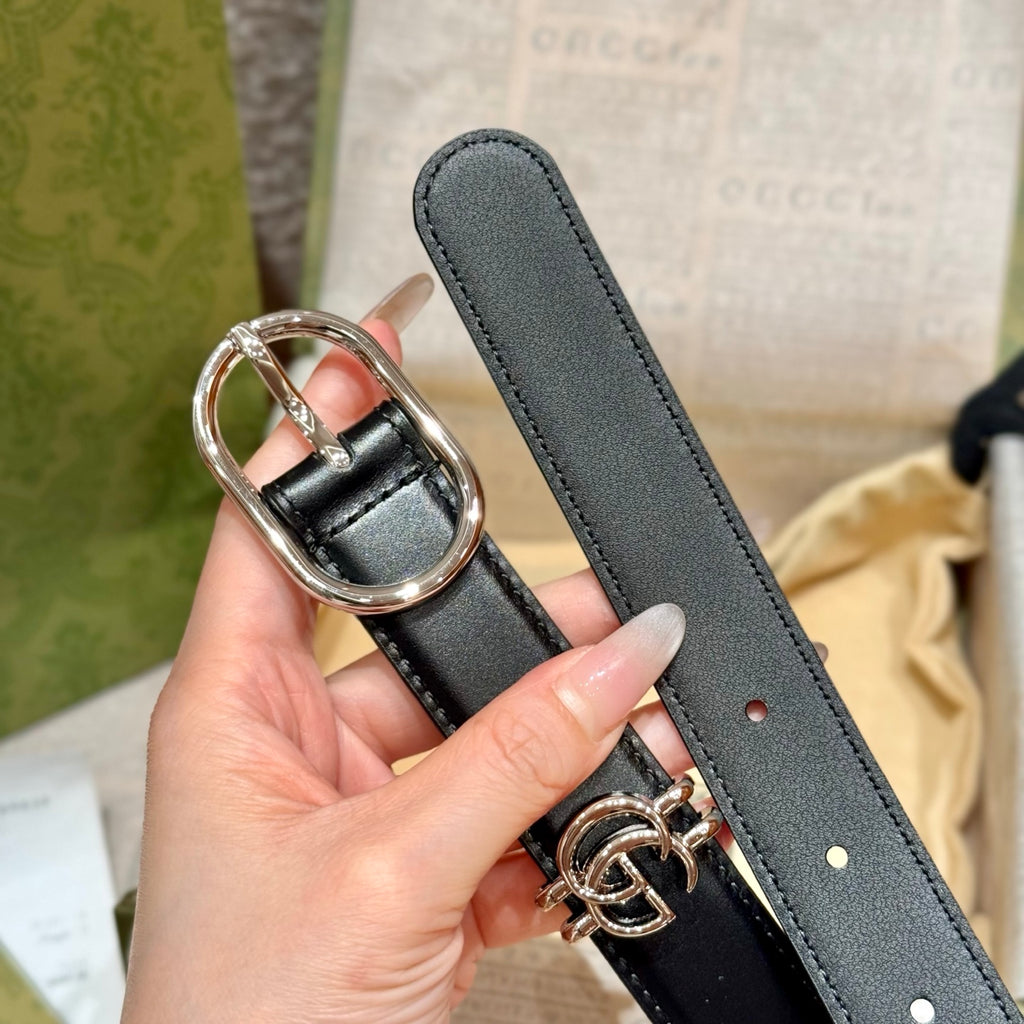 Leather Belt — 2.5 cm Oval Buckle with Double G Detail