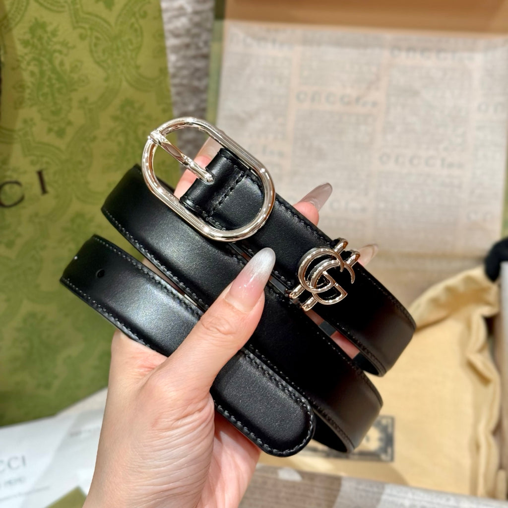 Leather Belt — 2.5 cm Oval Buckle with Double G Detail