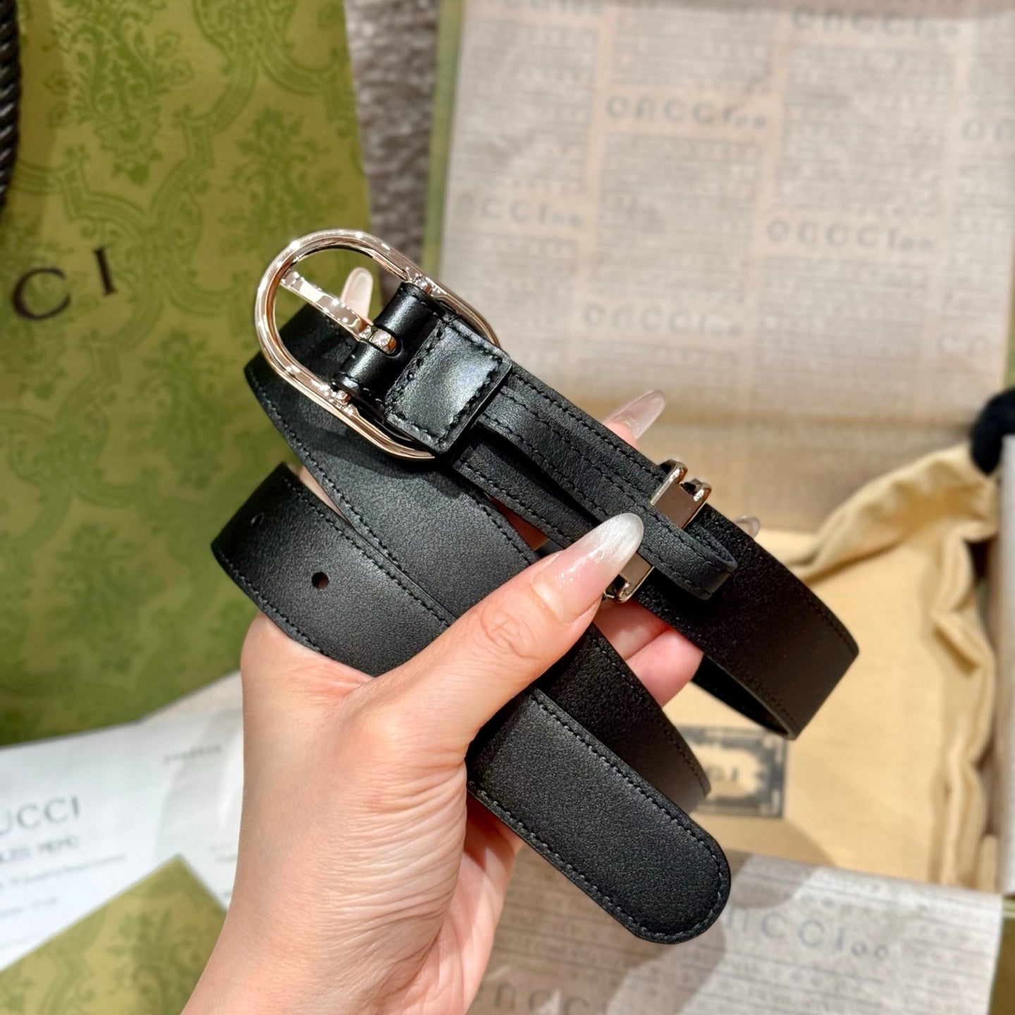 Leather Belt — 2.5 cm Oval Buckle with Double G Detail