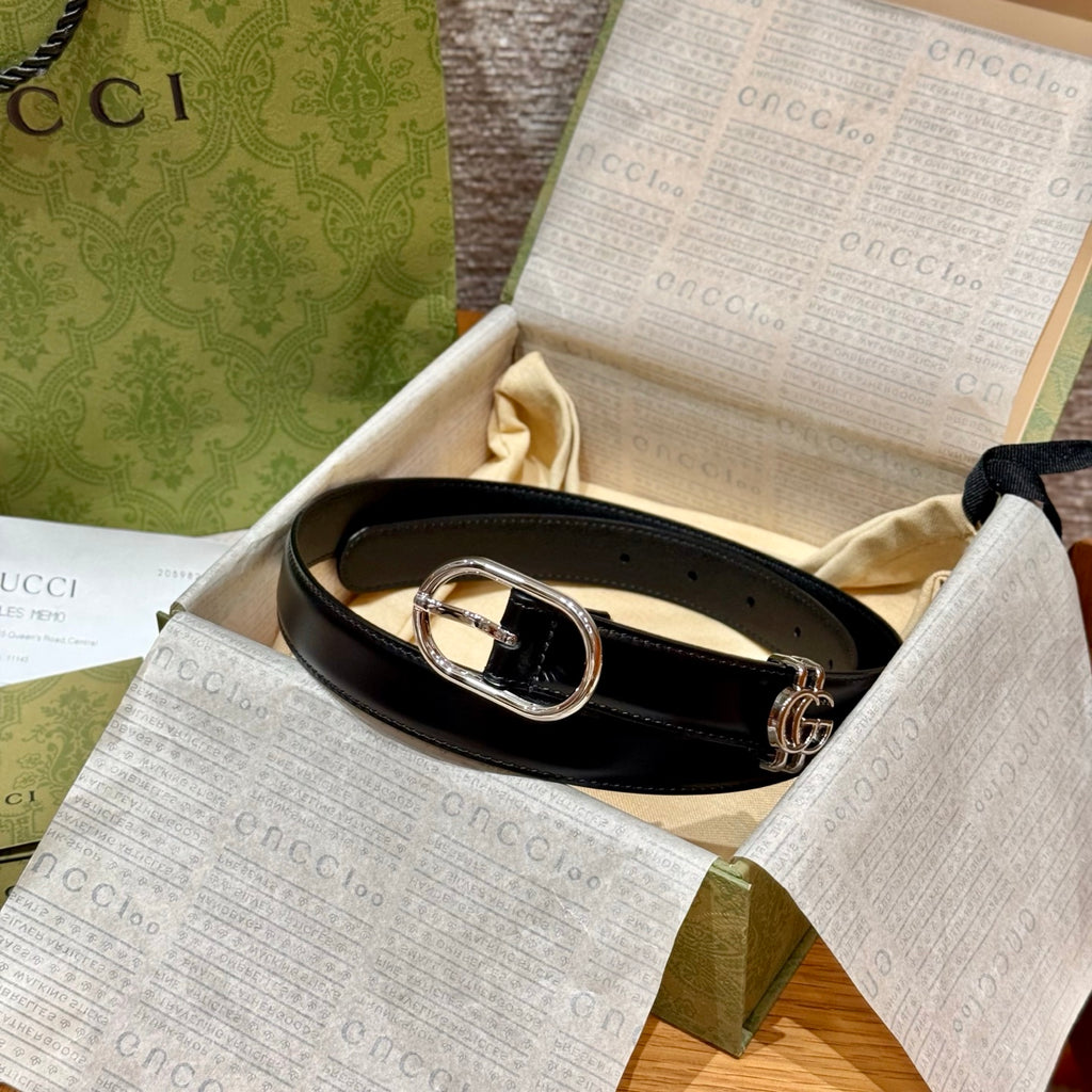 Leather Belt — 2.5 cm Oval Buckle with Double G Detail