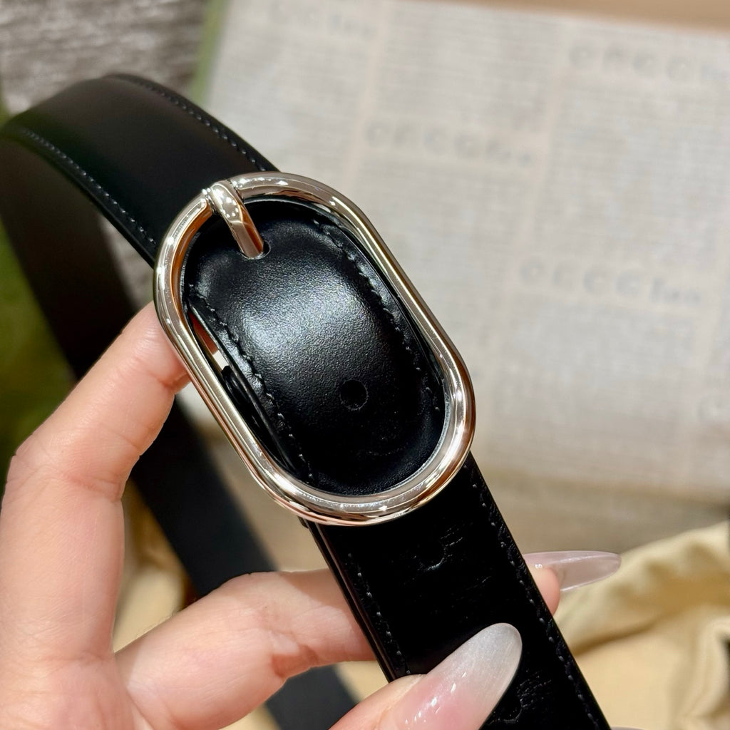 Leather Belt — 2.5 cm Oval Buckle with Double G Detail