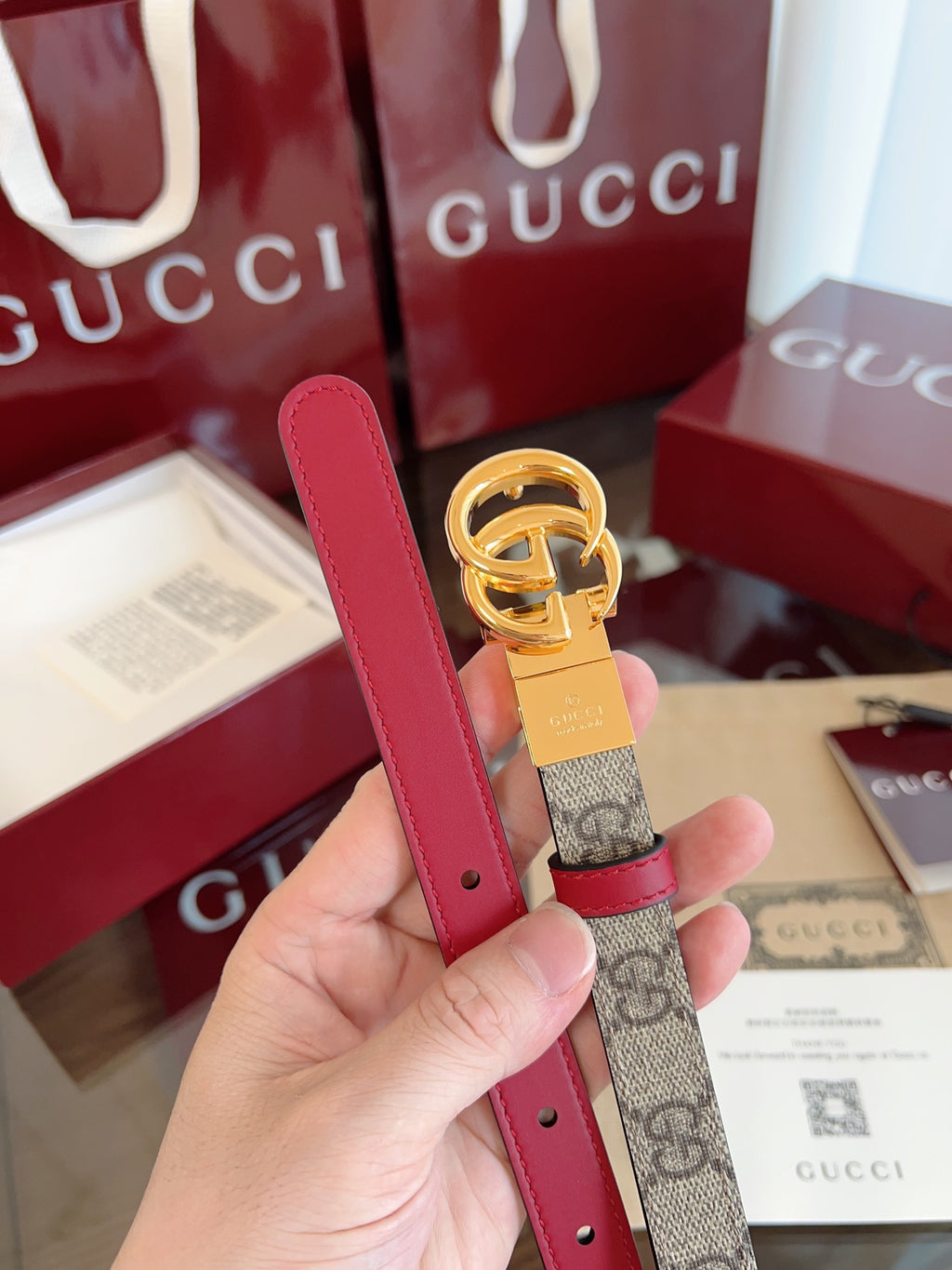 Leather Belt — 2.0 cm Rotating Gold Double G Buckle