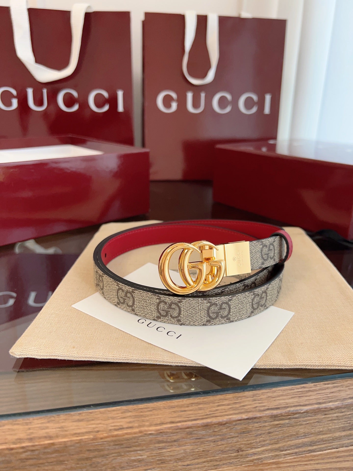 Leather Belt — 2.0 cm Rotating Gold Double G Buckle