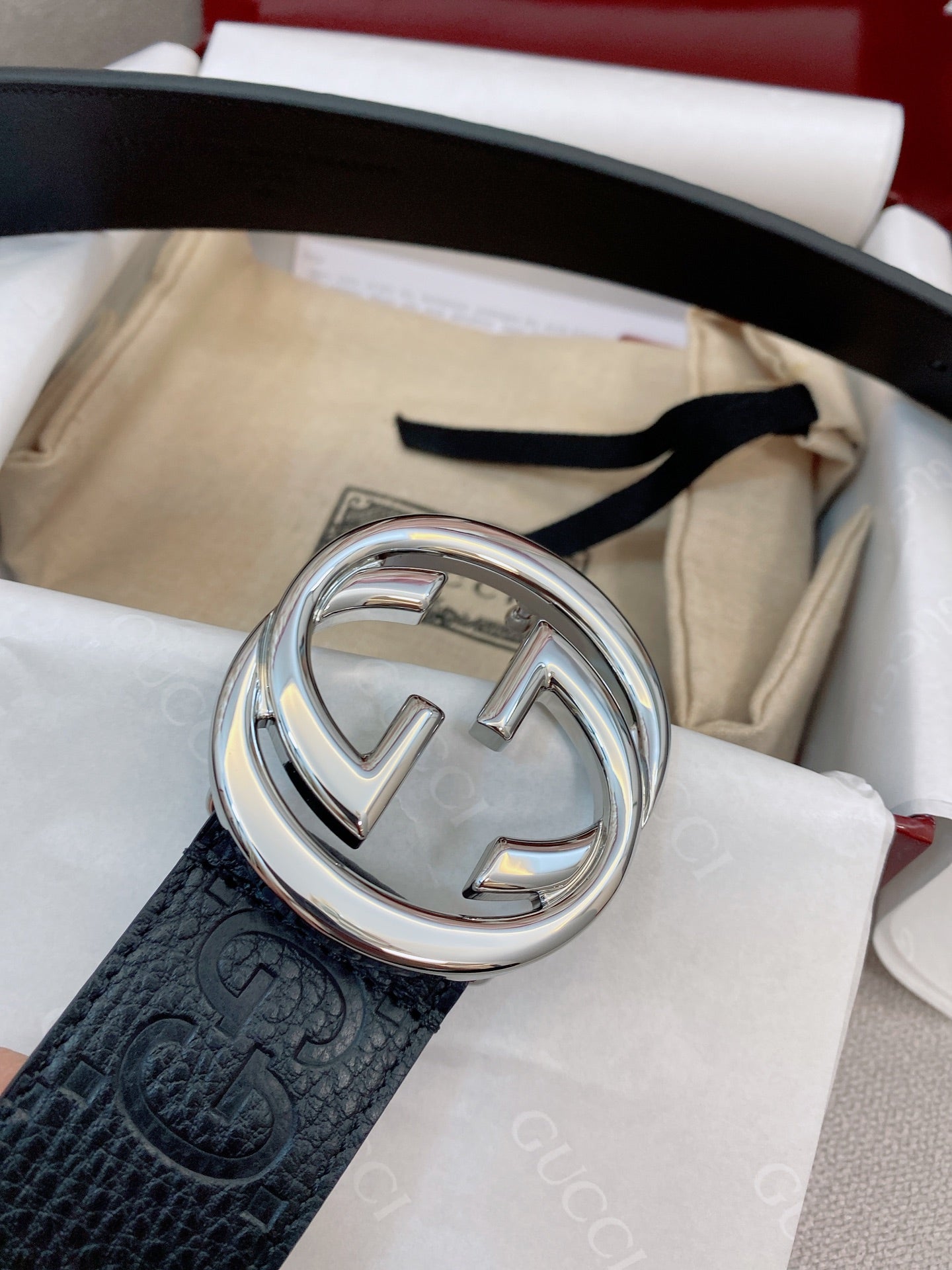 Men's Black Leather Belt — 4.0 cm Super Double G Silver Interlocking Buckle