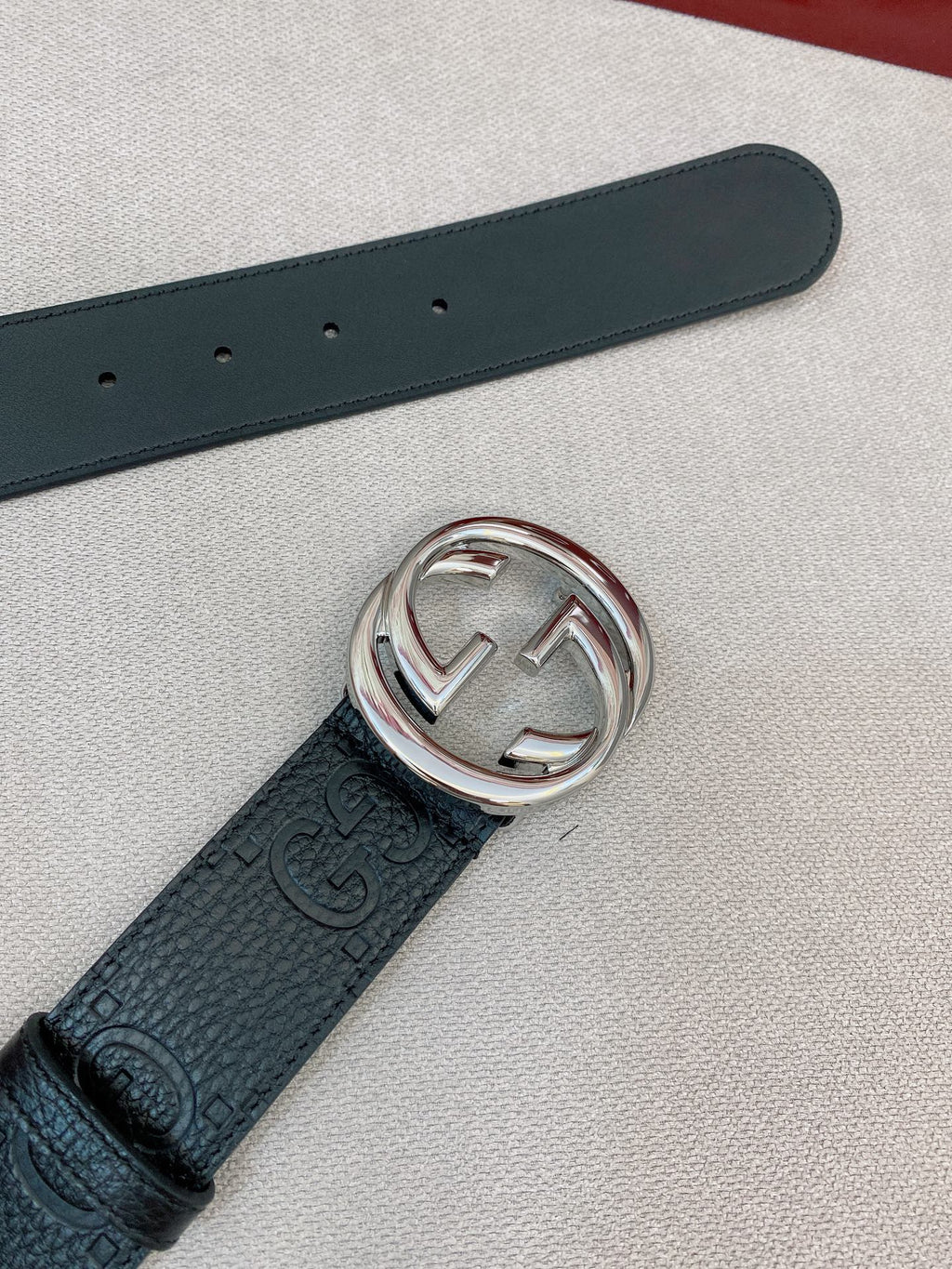 Men's Black Leather Belt — 4.0 cm Super Double G Silver Interlocking Buckle