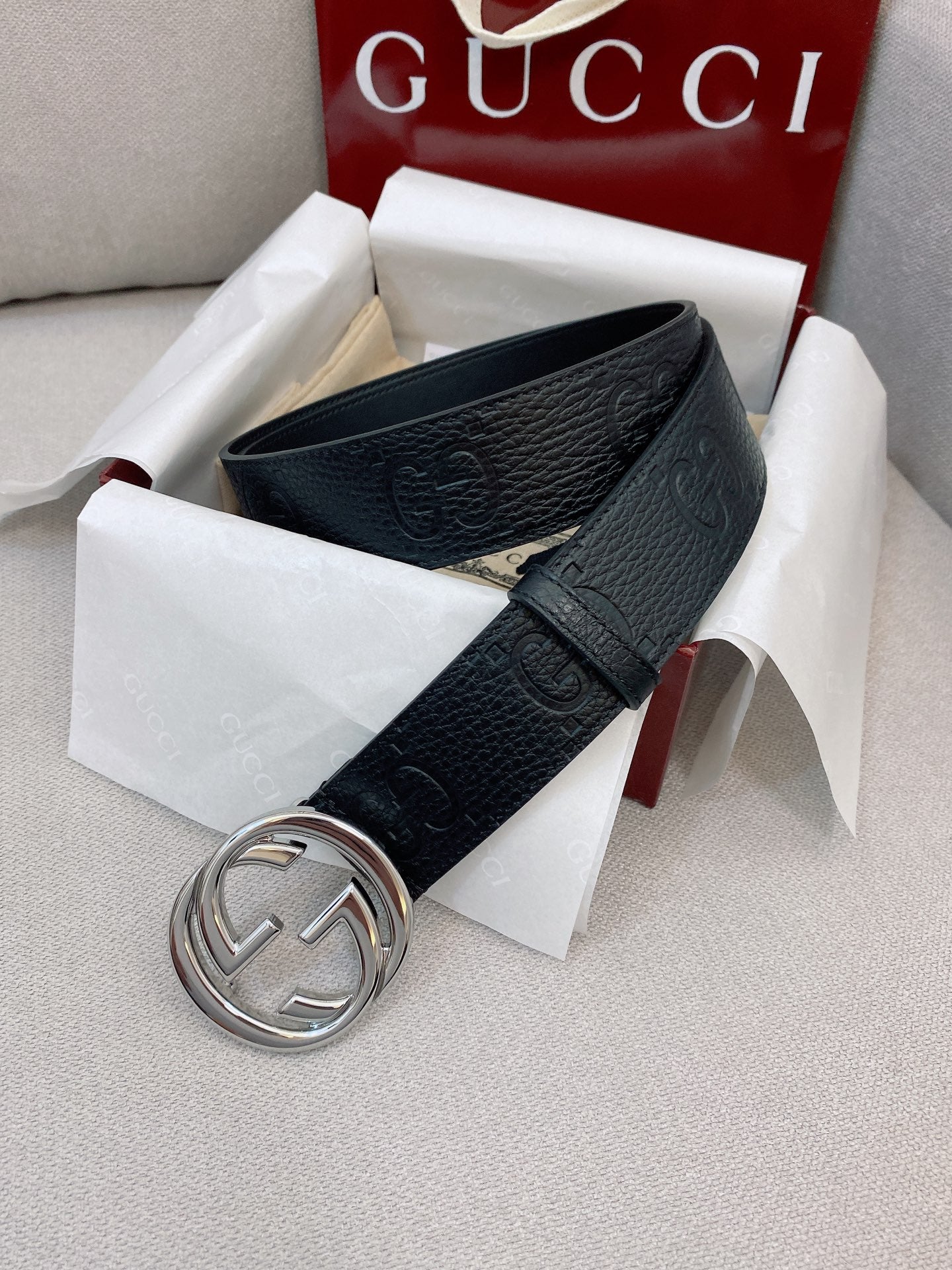 Men's Black Leather Belt — 4.0 cm Super Double G Silver Interlocking Buckle