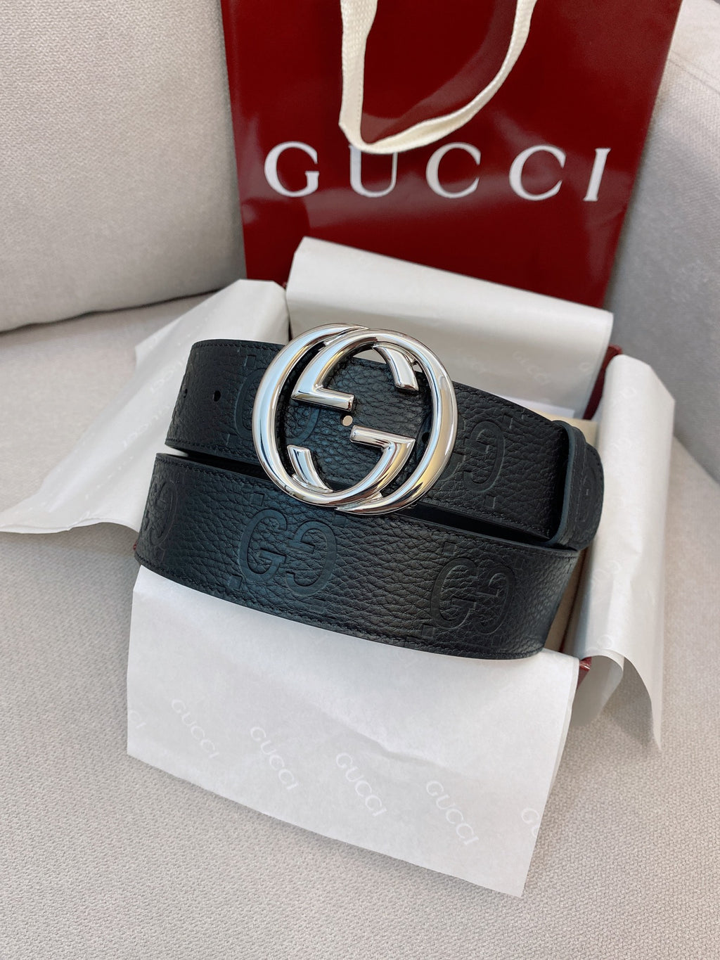 Men's Black Leather Belt — 4.0 cm Super Double G Silver Interlocking Buckle