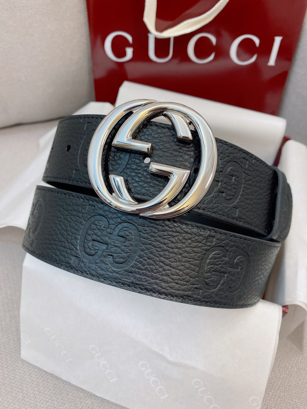 Men's Black Leather Belt — 4.0 cm Super Double G Silver Interlocking Buckle