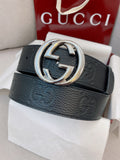Men's Black Leather Belt — 4.0 cm Super Double G Silver Interlocking Buckle