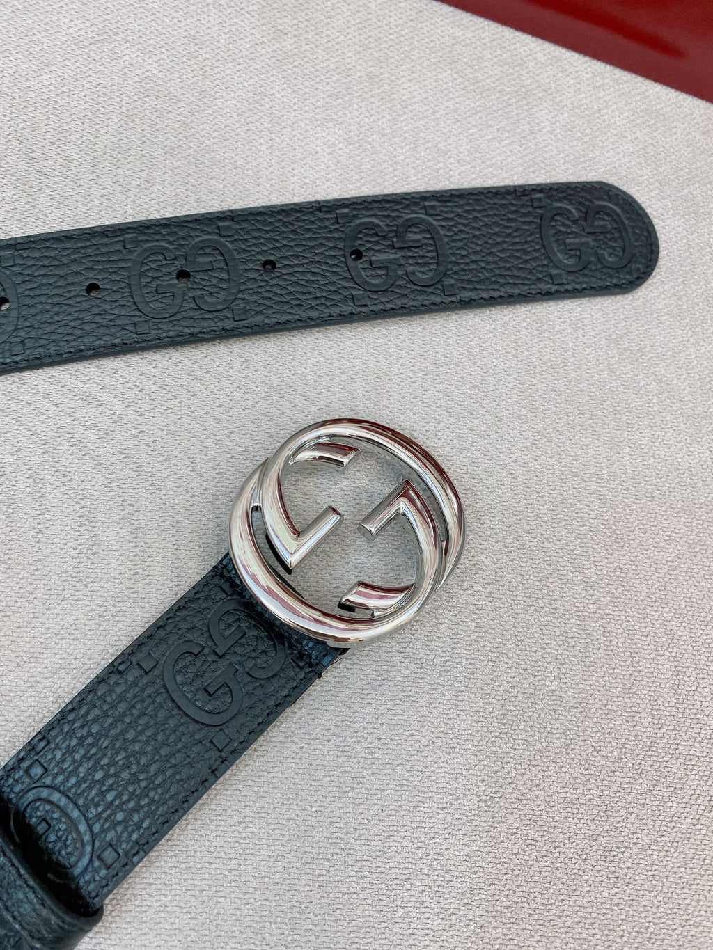 Men's Black Leather Belt — 4.0 cm Super Double G Silver Interlocking Buckle