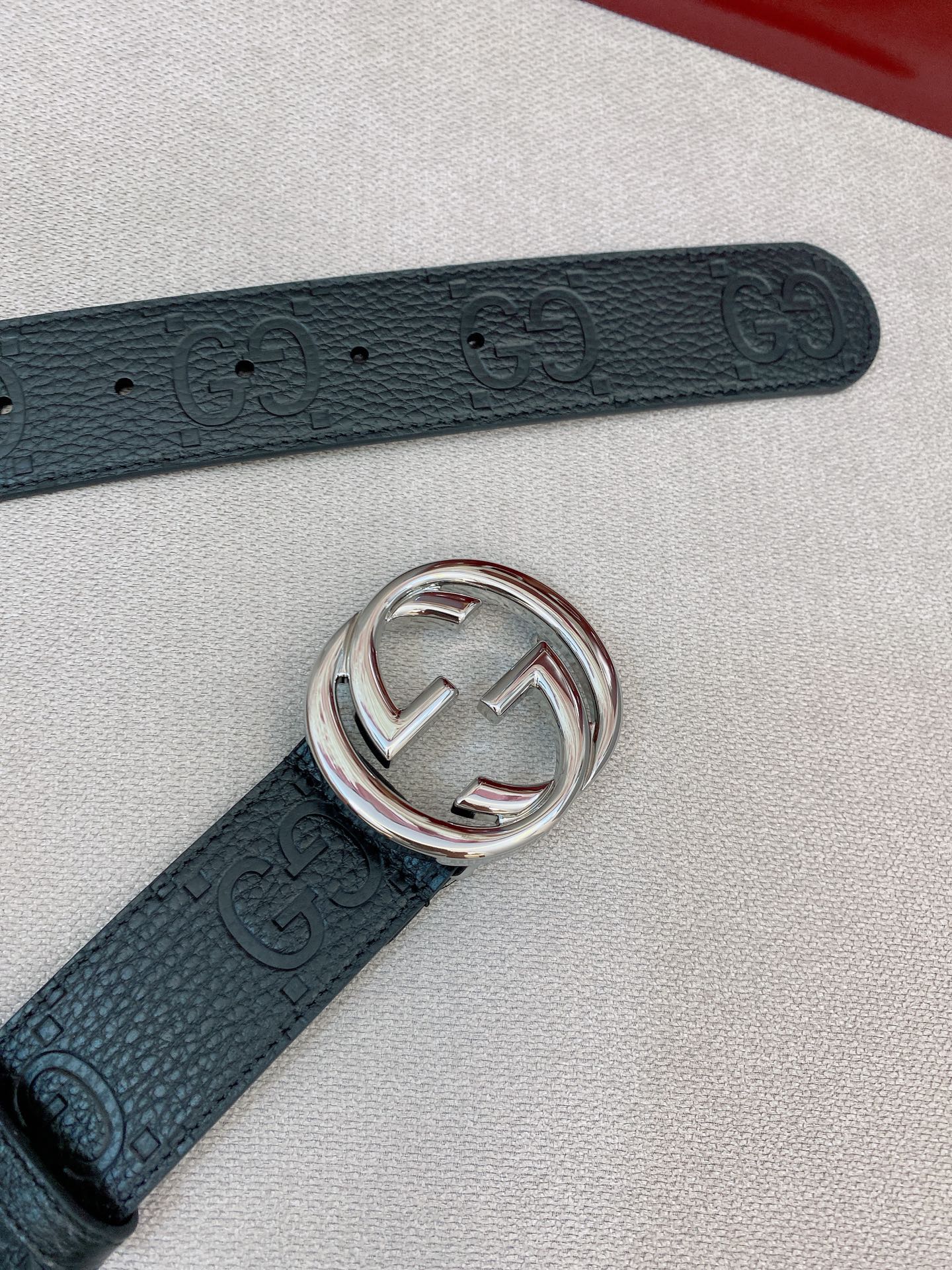 Men's Black Leather Belt — 4.0 cm Super Double G Silver Interlocking Buckle