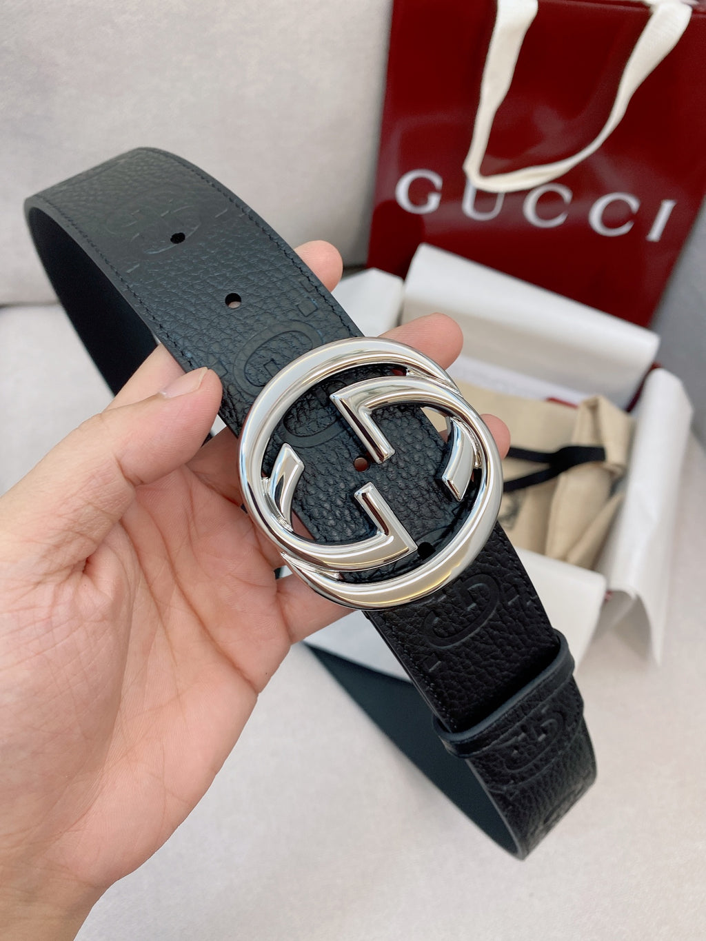 Men's Black Leather Belt — 4.0 cm Super Double G Silver Interlocking Buckle
