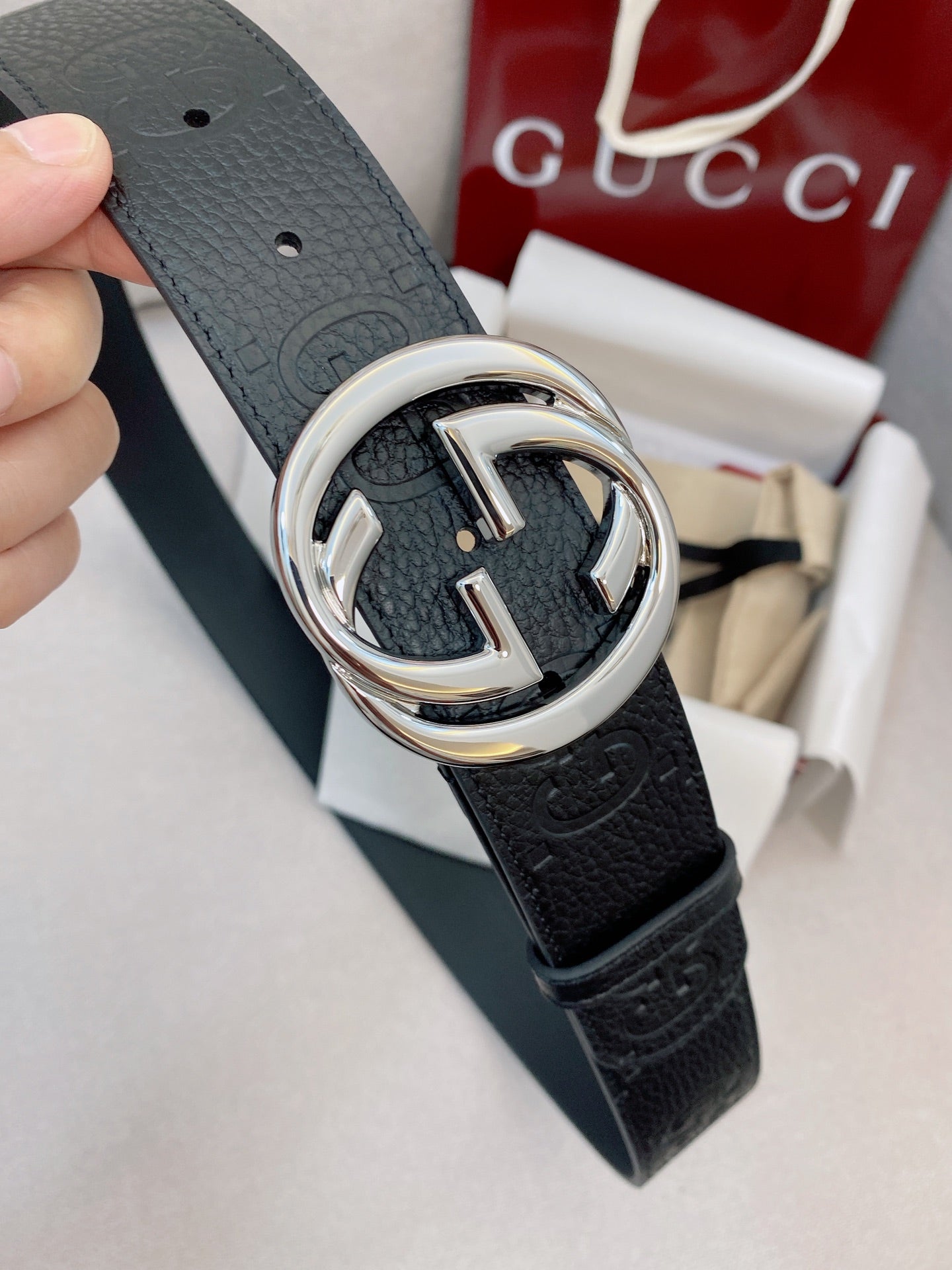 Men's Black Leather Belt — 4.0 cm Super Double G Silver Interlocking Buckle