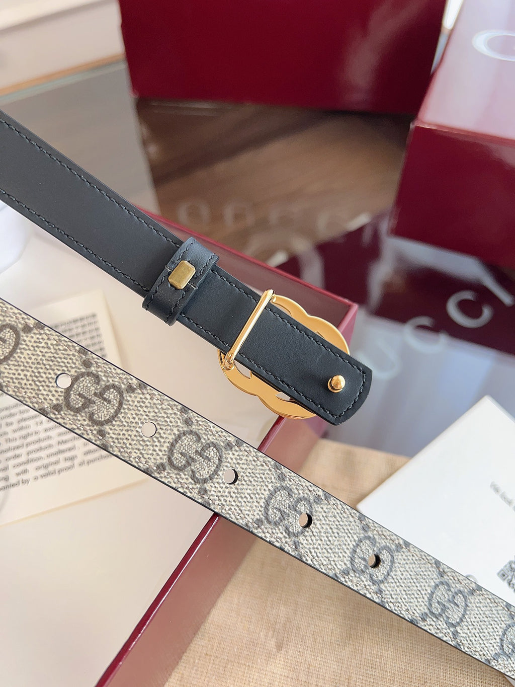 Women's Reversible GG Canvas Belt — 2.0 cm Black Calfskin Double G Buckle