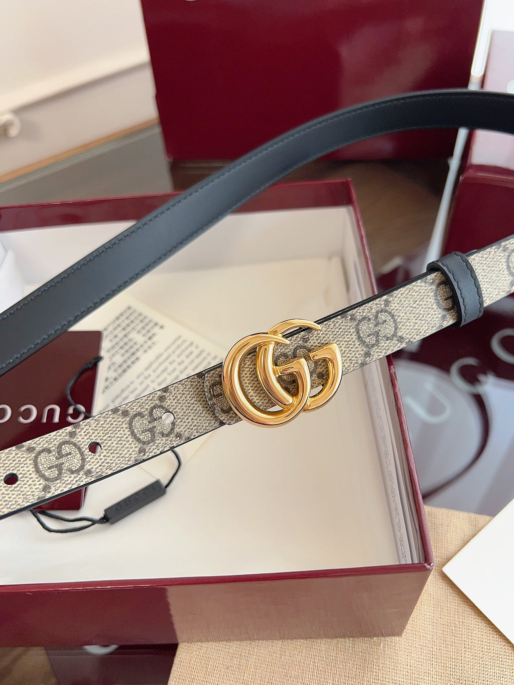 Women's Reversible GG Canvas Belt — 2.0 cm Black Calfskin Double G Buckle