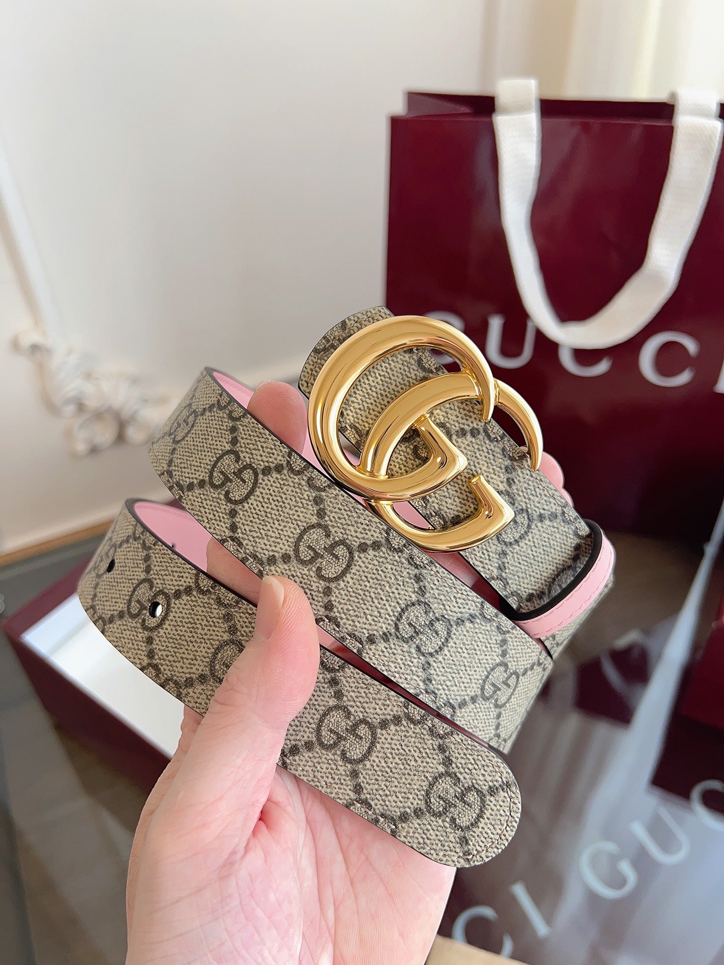 Women's Reversible GG Canvas Belt — 3.0 cm Pink Calfskin Double G Buckle