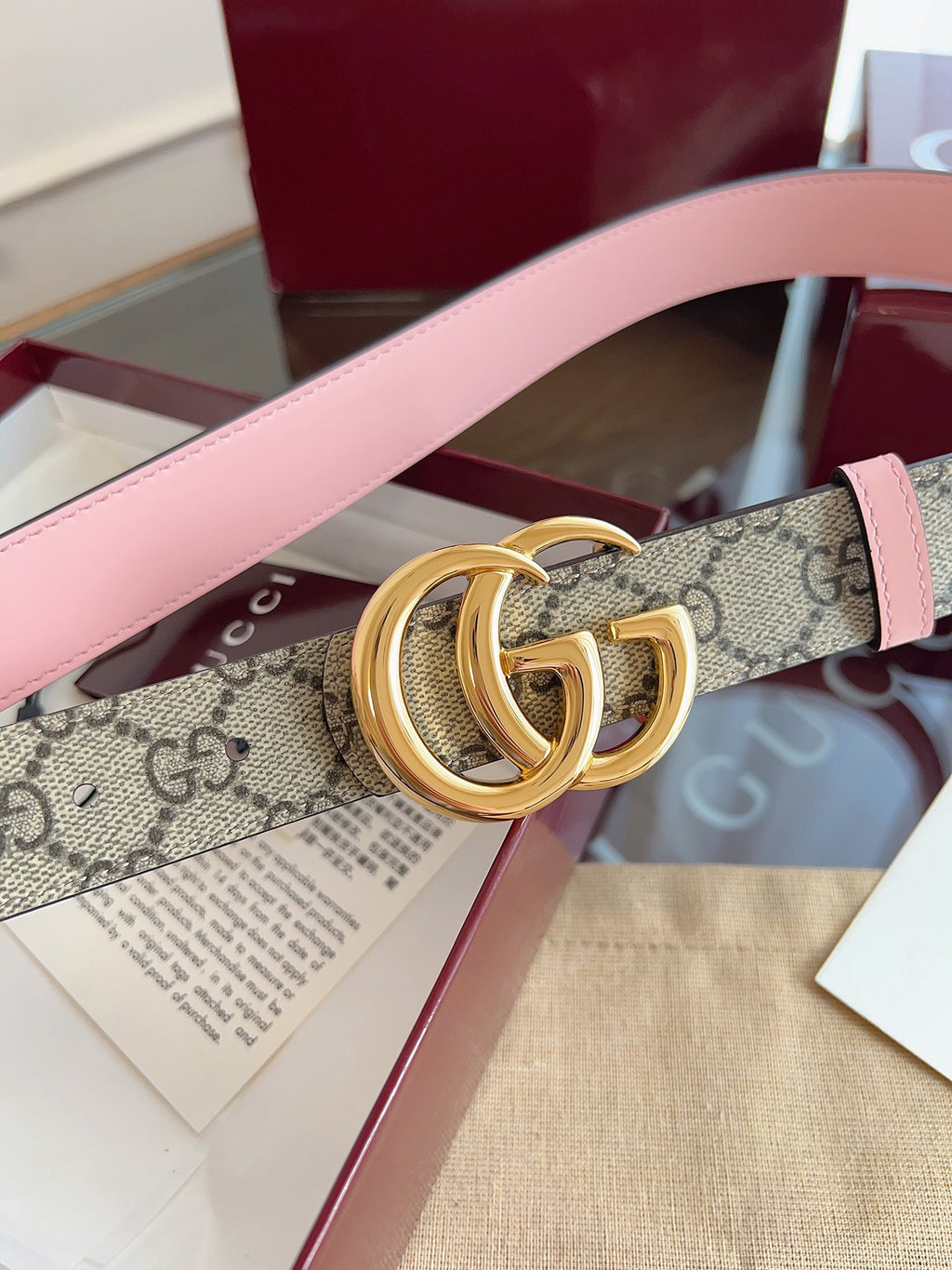 Women's Reversible GG Canvas Belt — 3.0 cm Pink Calfskin Double G Buckle
