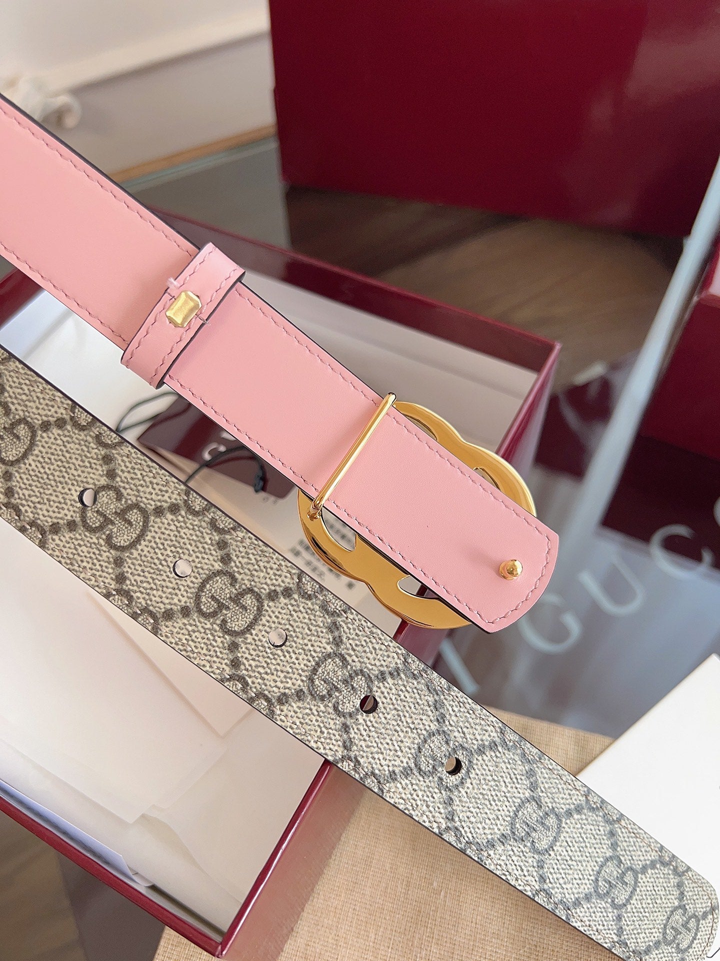 Women's Reversible GG Canvas Belt — 3.0 cm Pink Calfskin Double G Buckle