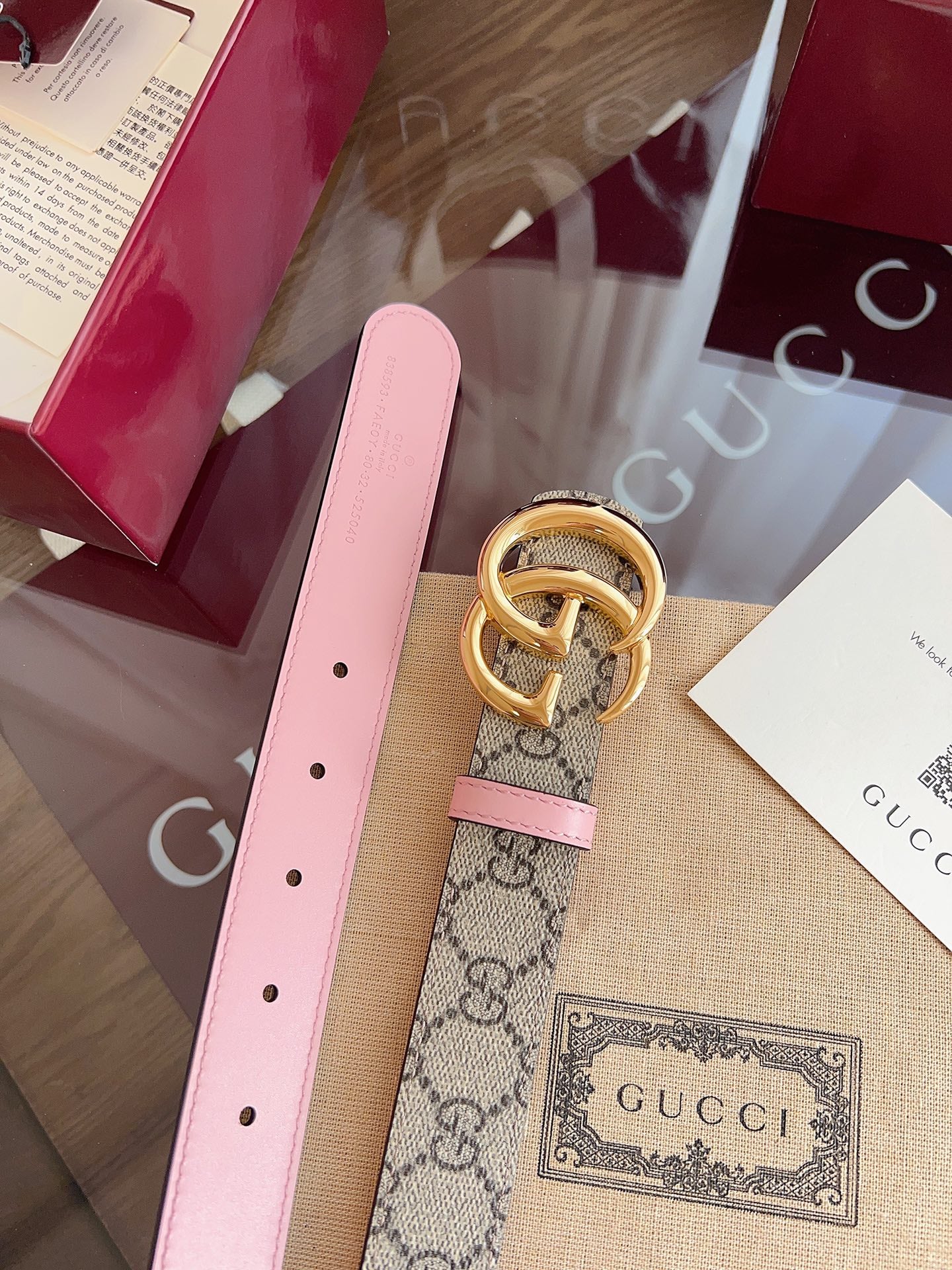 Women's Reversible GG Canvas Belt — 3.0 cm Pink Calfskin Double G Buckle