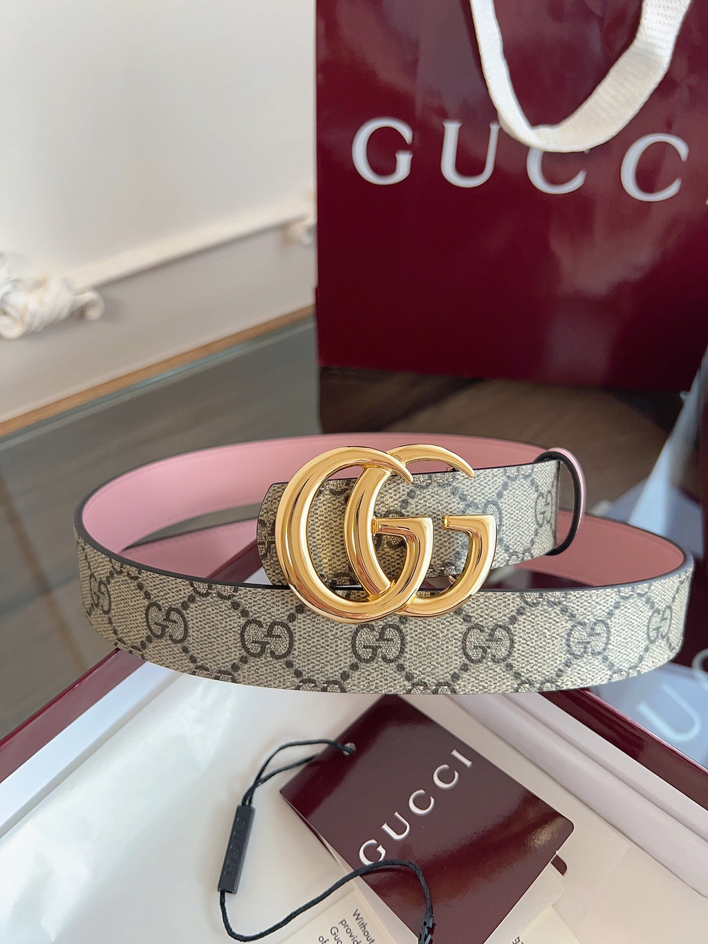 Women's Reversible GG Canvas Belt — 3.0 cm Pink Calfskin Double G Buckle