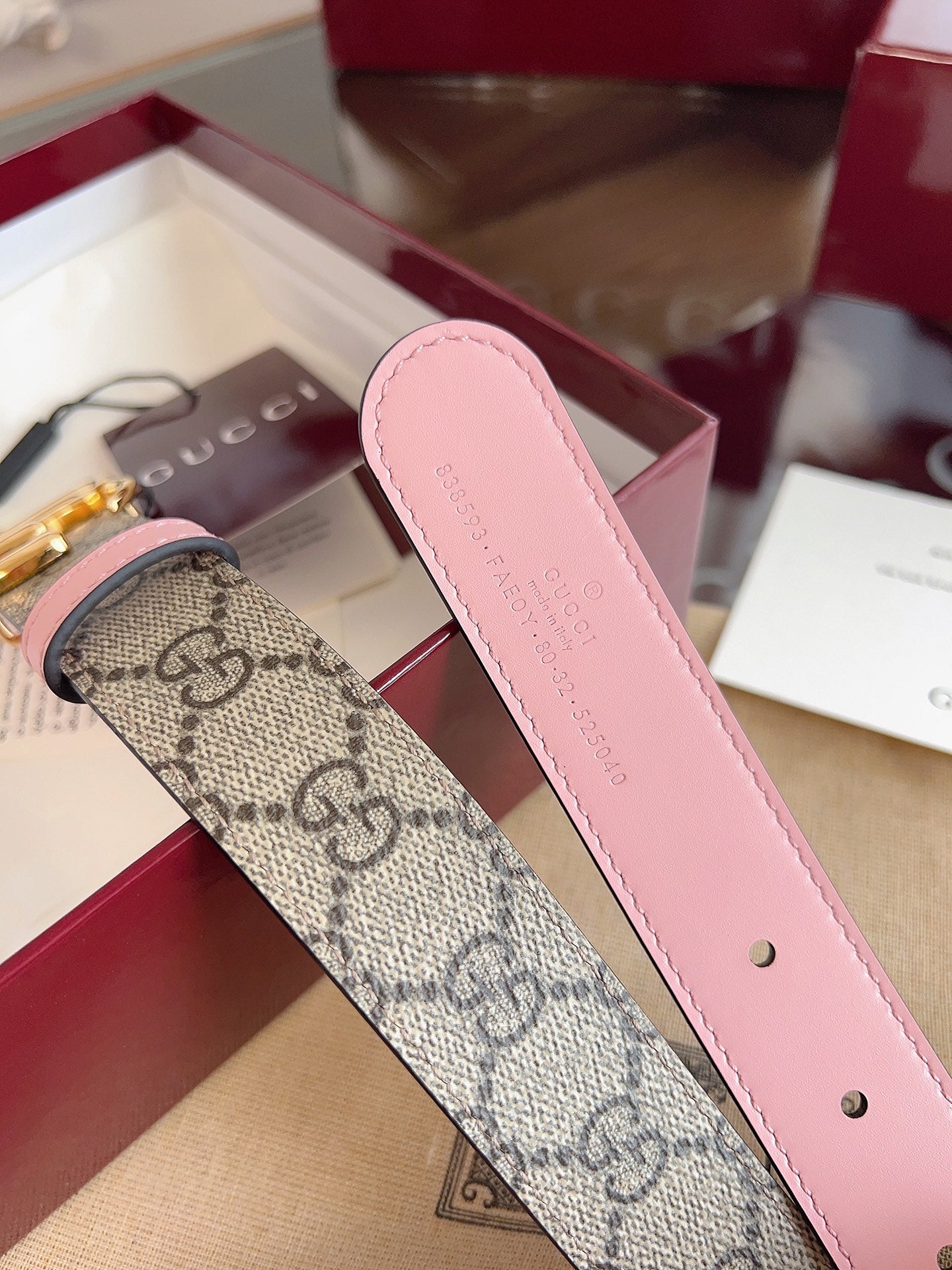 Women's Reversible GG Canvas Belt — 3.0 cm Pink Calfskin Double G Buckle