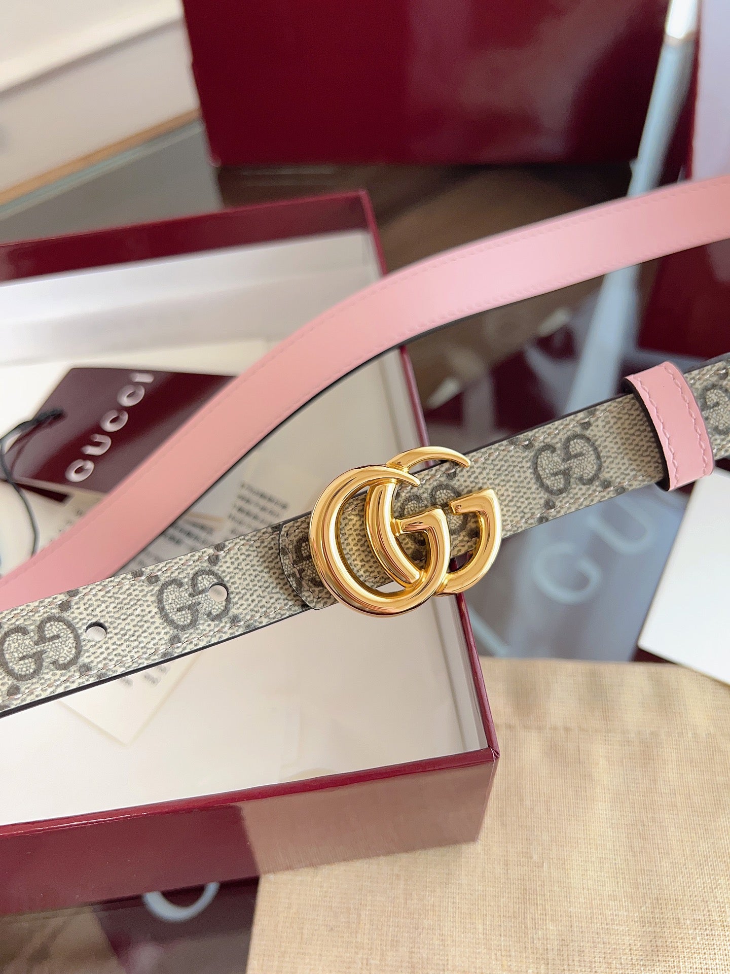 Women's Reversible GG Canvas Belt — 2.0 cm Pink Calfskin Double G Buckle