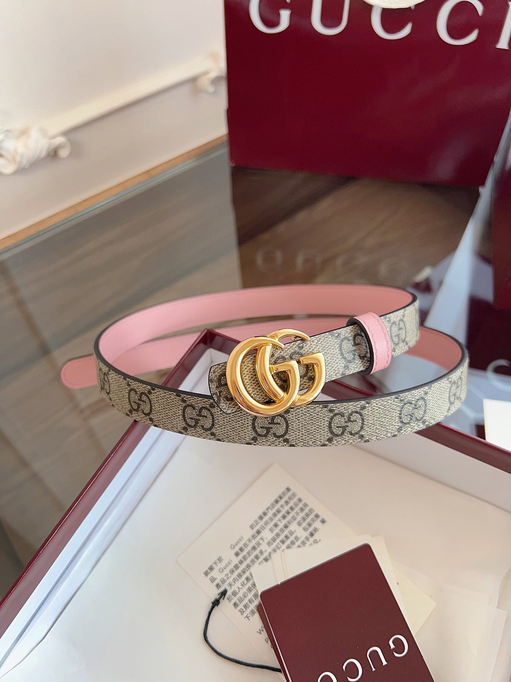 Women's Reversible GG Canvas Belt — 2.0 cm Pink Calfskin Double G Buckle
