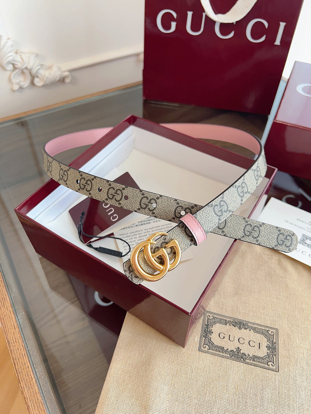 Women's Reversible GG Canvas Belt — 2.0 cm Pink Calfskin Double G Buckle