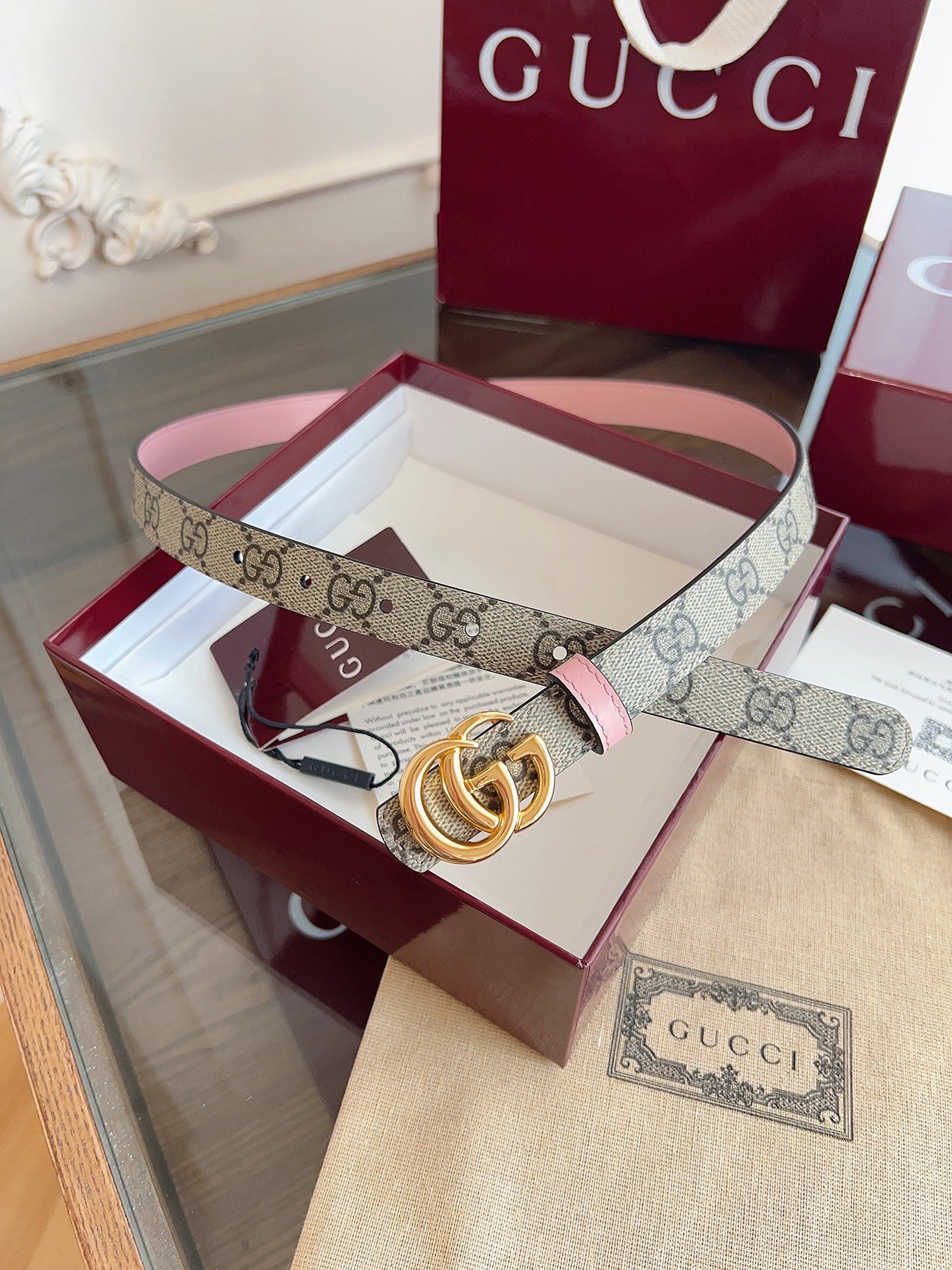 Women's Reversible GG Canvas Belt — 2.0 cm Pink Calfskin Double G Buckle
