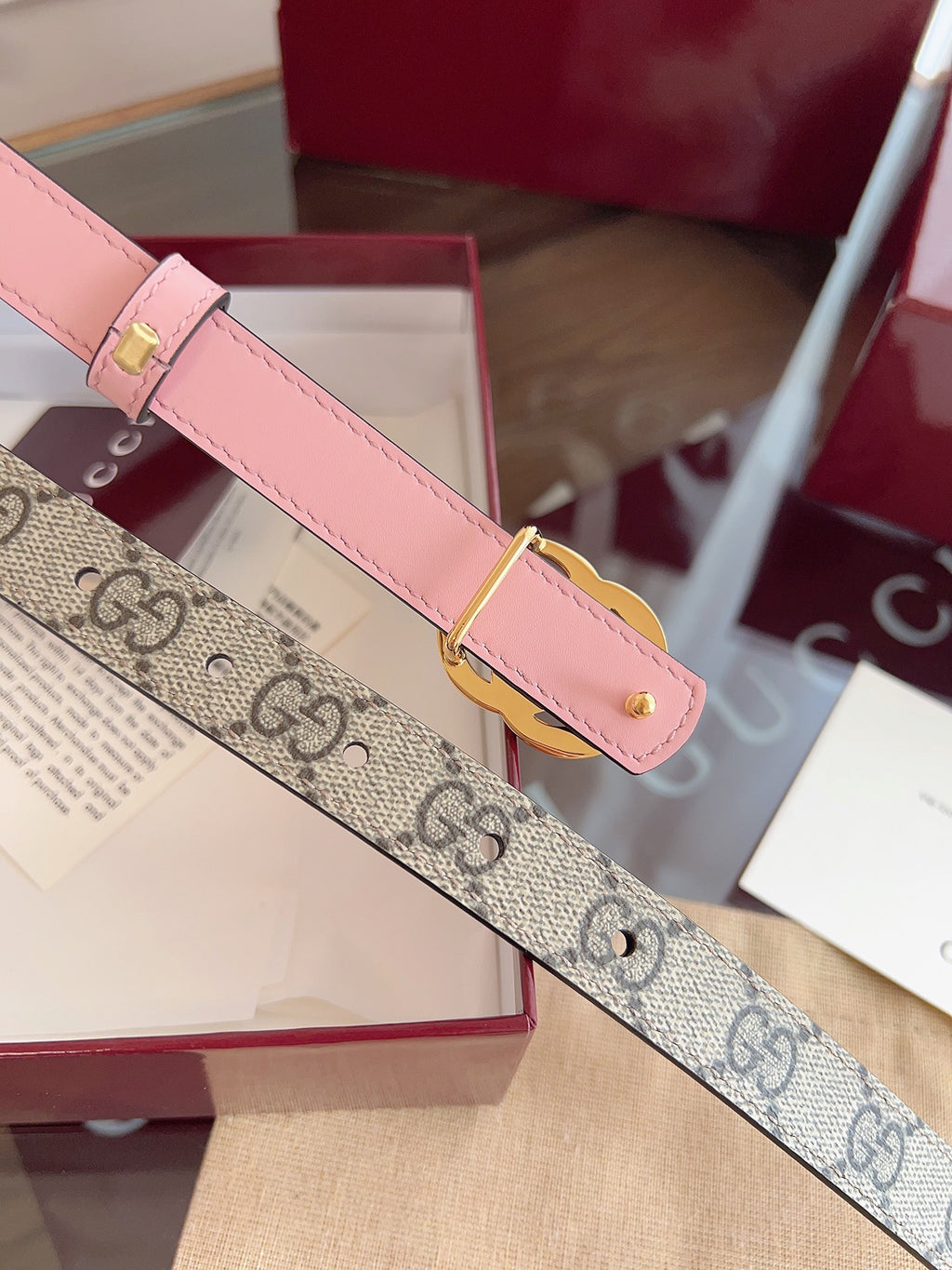 Women's Reversible GG Canvas Belt — 2.0 cm Pink Calfskin Double G Buckle