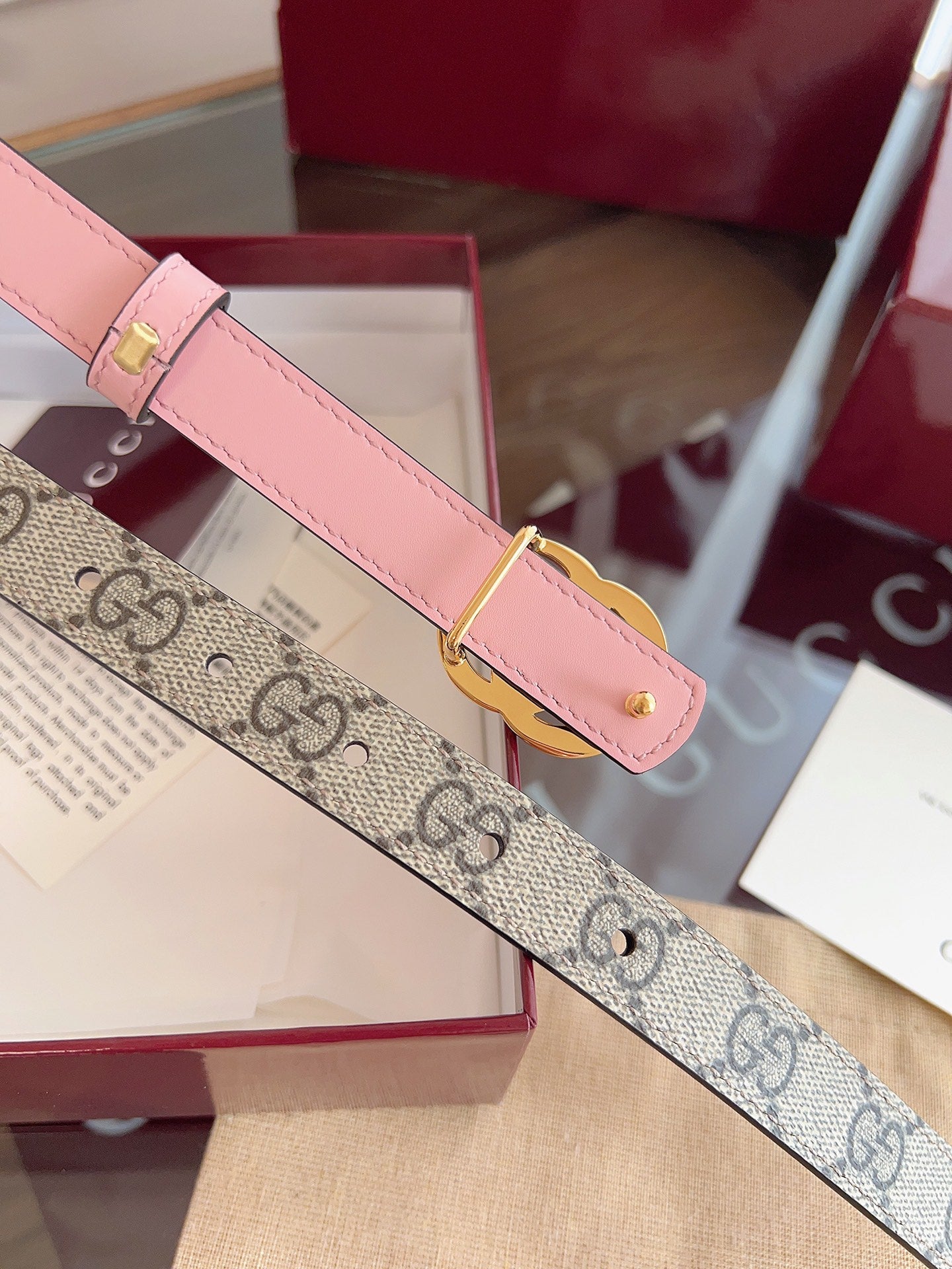 Women's Reversible GG Canvas Belt — 2.0 cm Pink Calfskin Double G Buckle